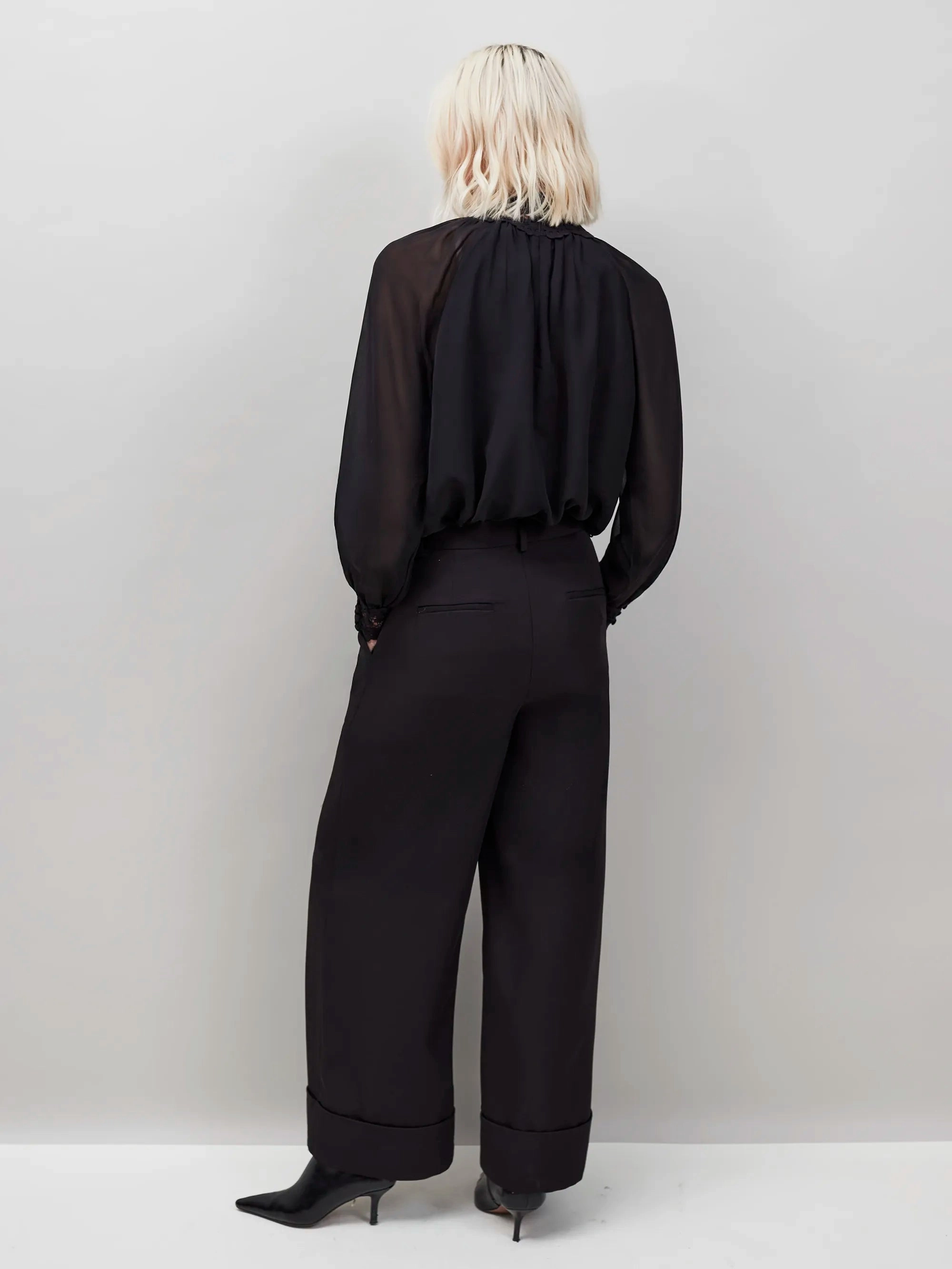 Simple Cut Black Lace Neck And Cuff Blouse