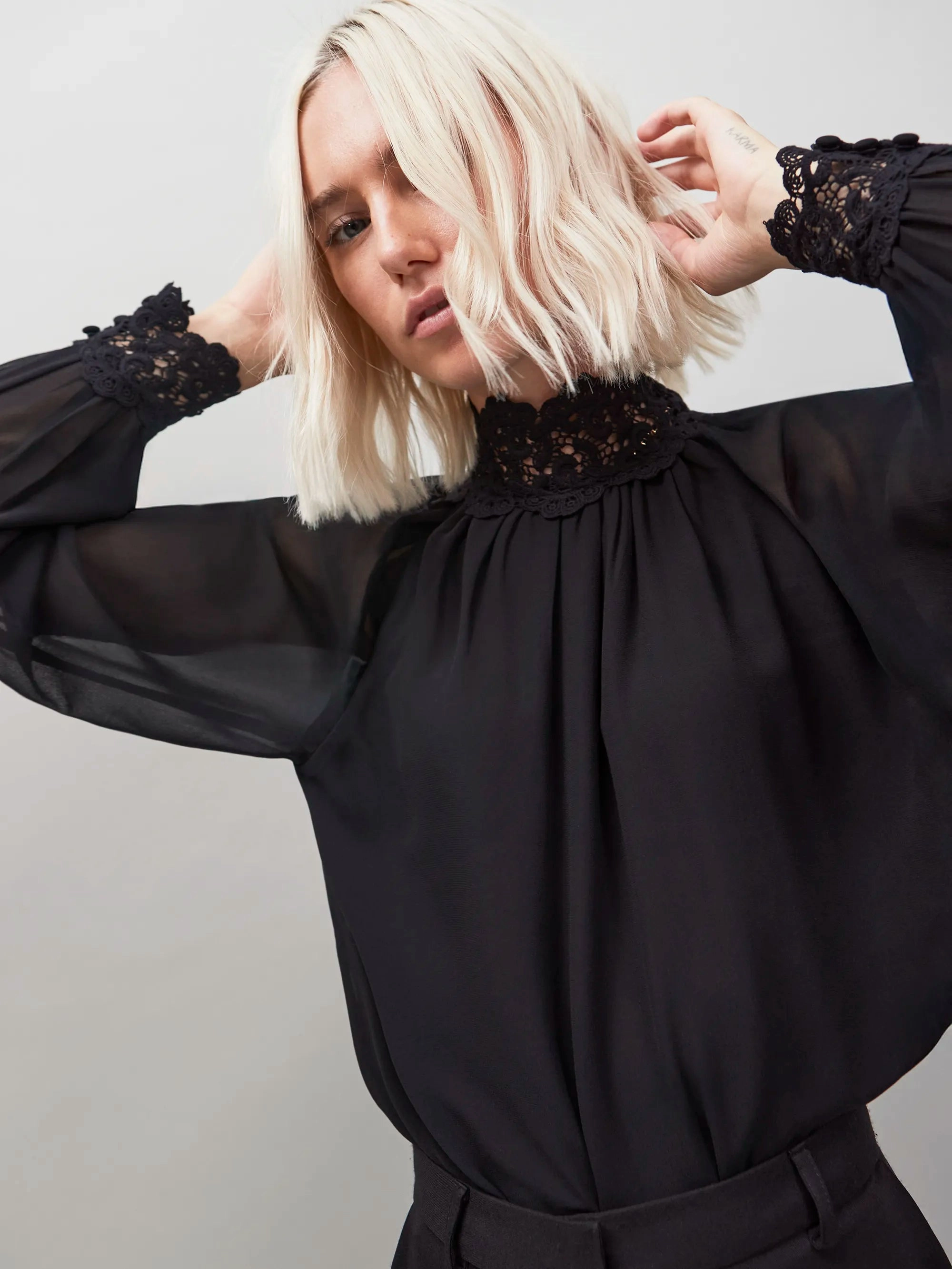 Black Lace Neck And Cuff Blouse SublimatedPrint Hypoallergenic fabric