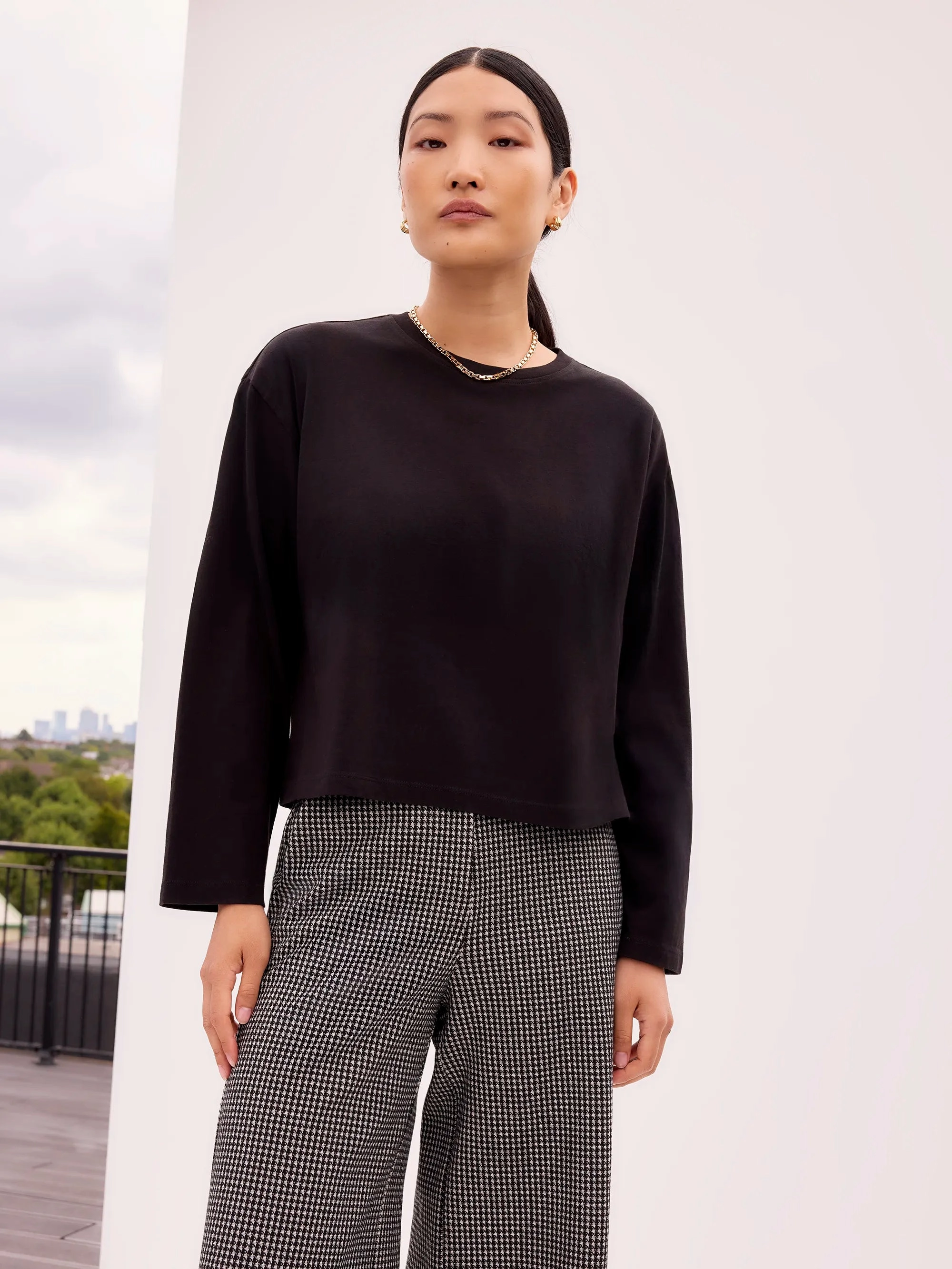 HighNeckline LowImpact Manufacturing Black Long-Sleeved Organic Cotton T-Shirt