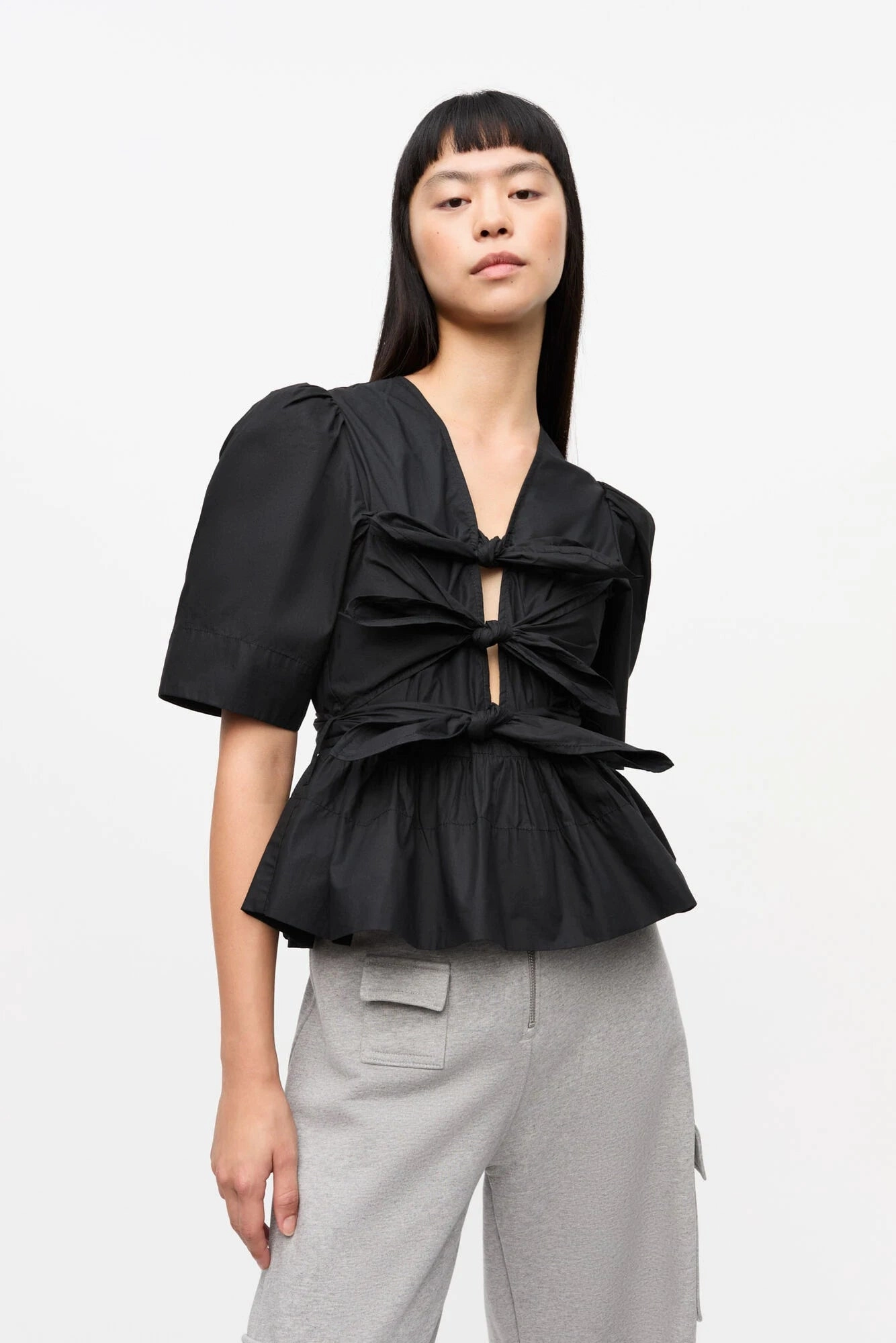 FlexibleCuff Black Stretch Cotton Tie Strap Blouse