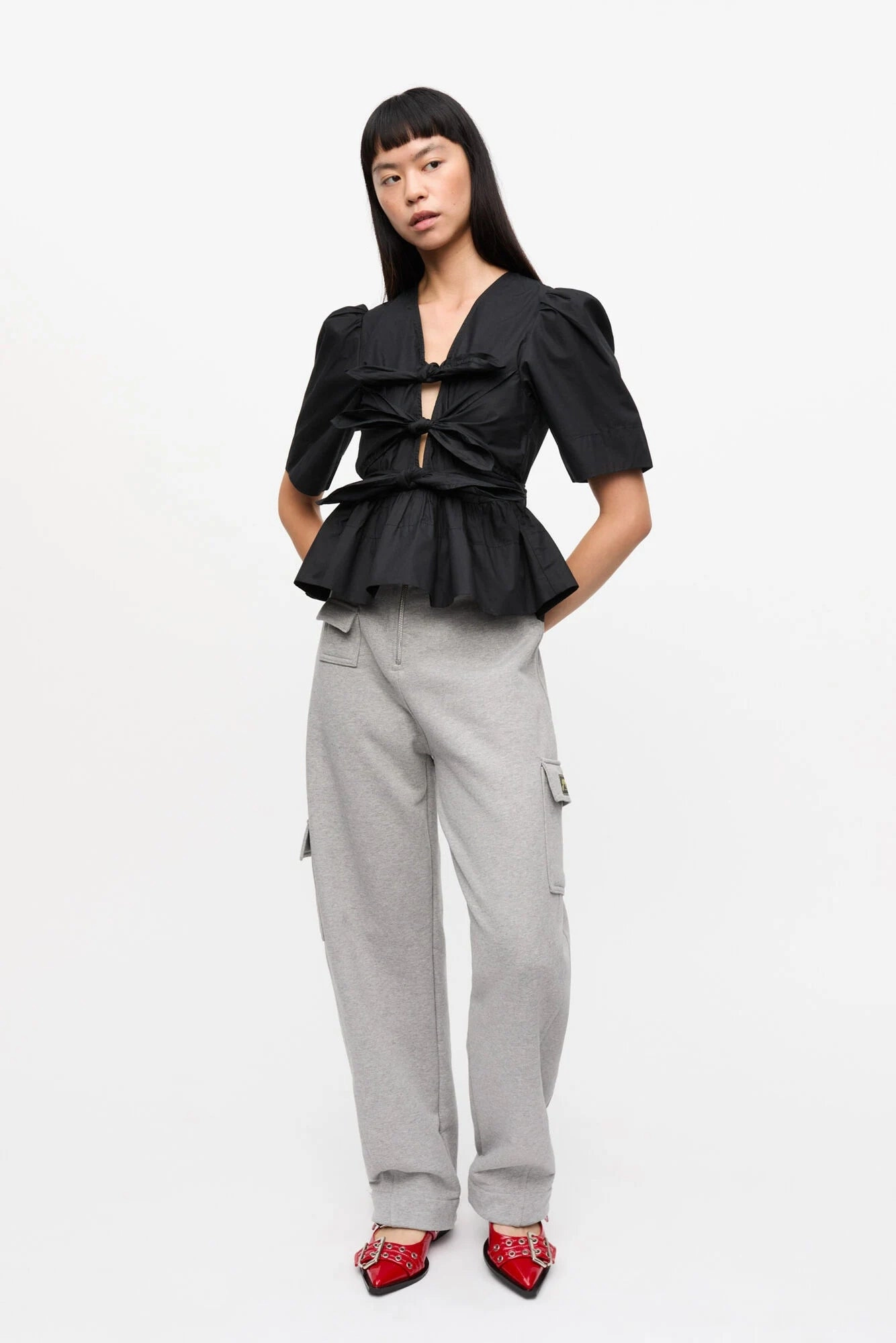 Black Stretch Cotton Tie Strap Blouse Relaxed Tee Temperature Regulating Fibers