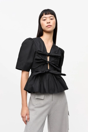 FlexibleCuff Black Stretch Cotton Tie Strap Blouse