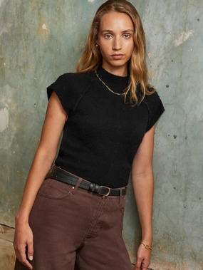 Black Turtleneck Knit Top with Wool and Alpaca Relaxed Crew Neck Opening Seamless Construction Design