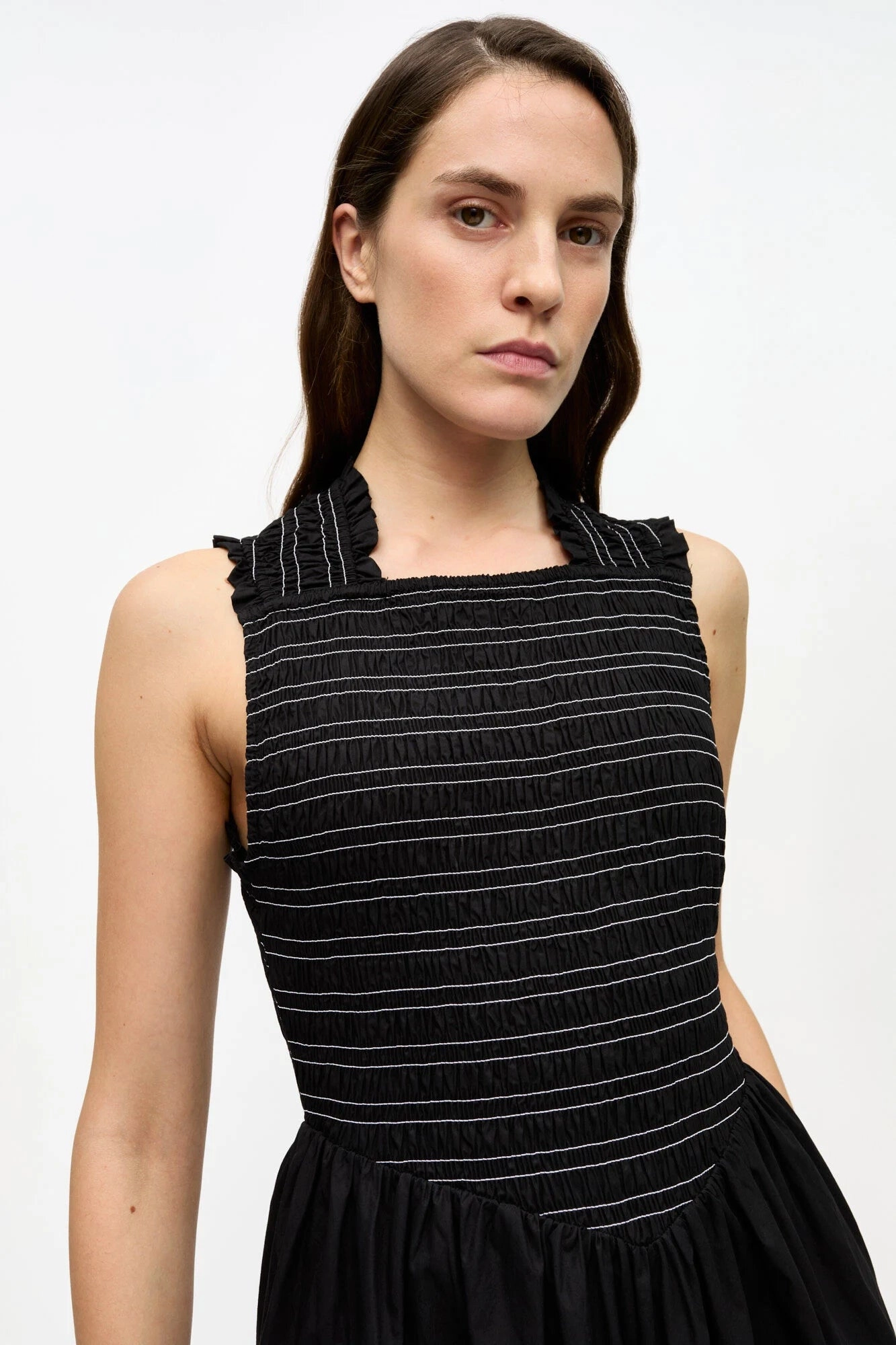 All Gender Fit Color-Blocked Black Washed Stretch Cotton Smock Midi Dress