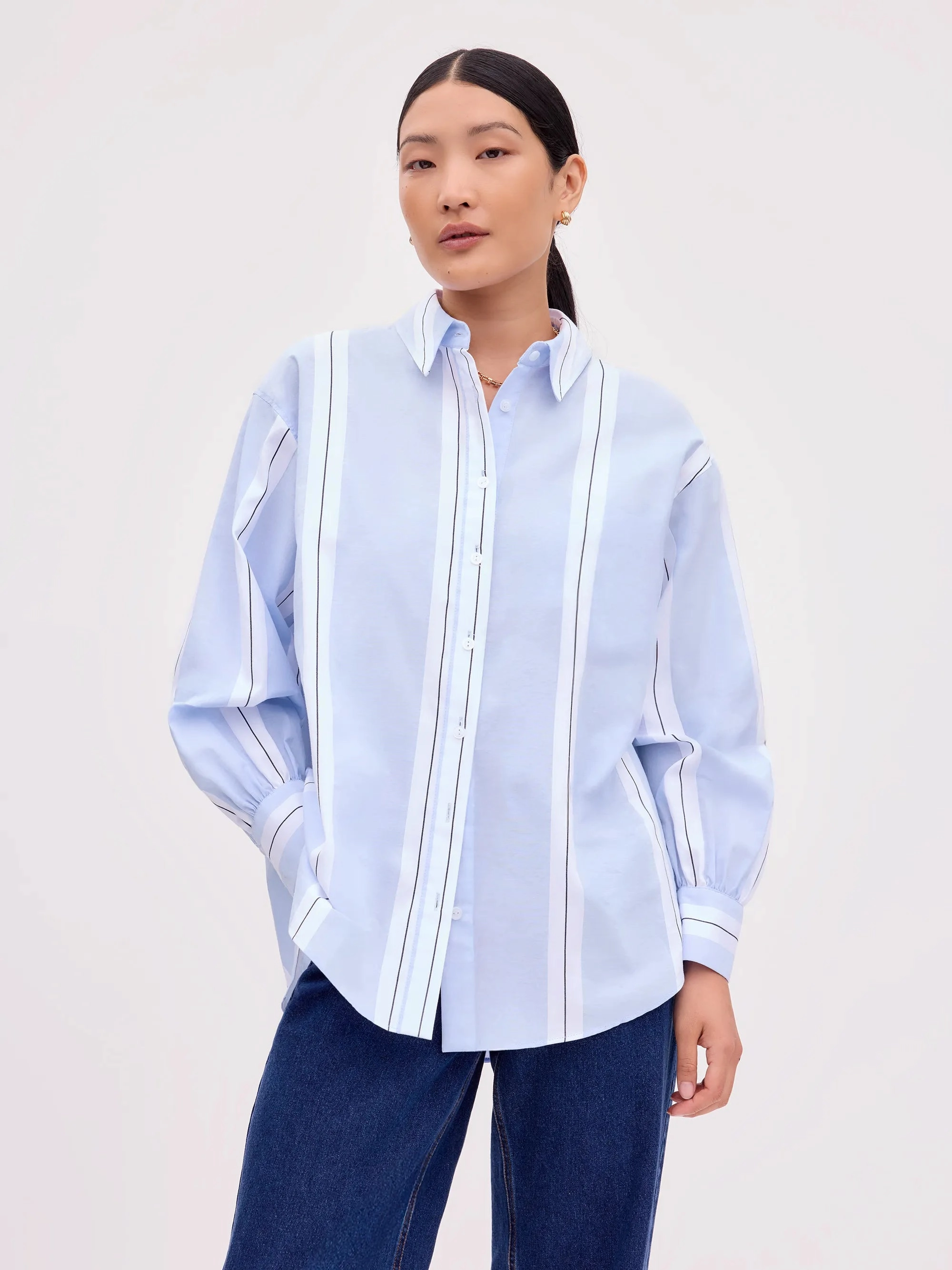 Curved Hem Design Blue Striped Cotton Shirt