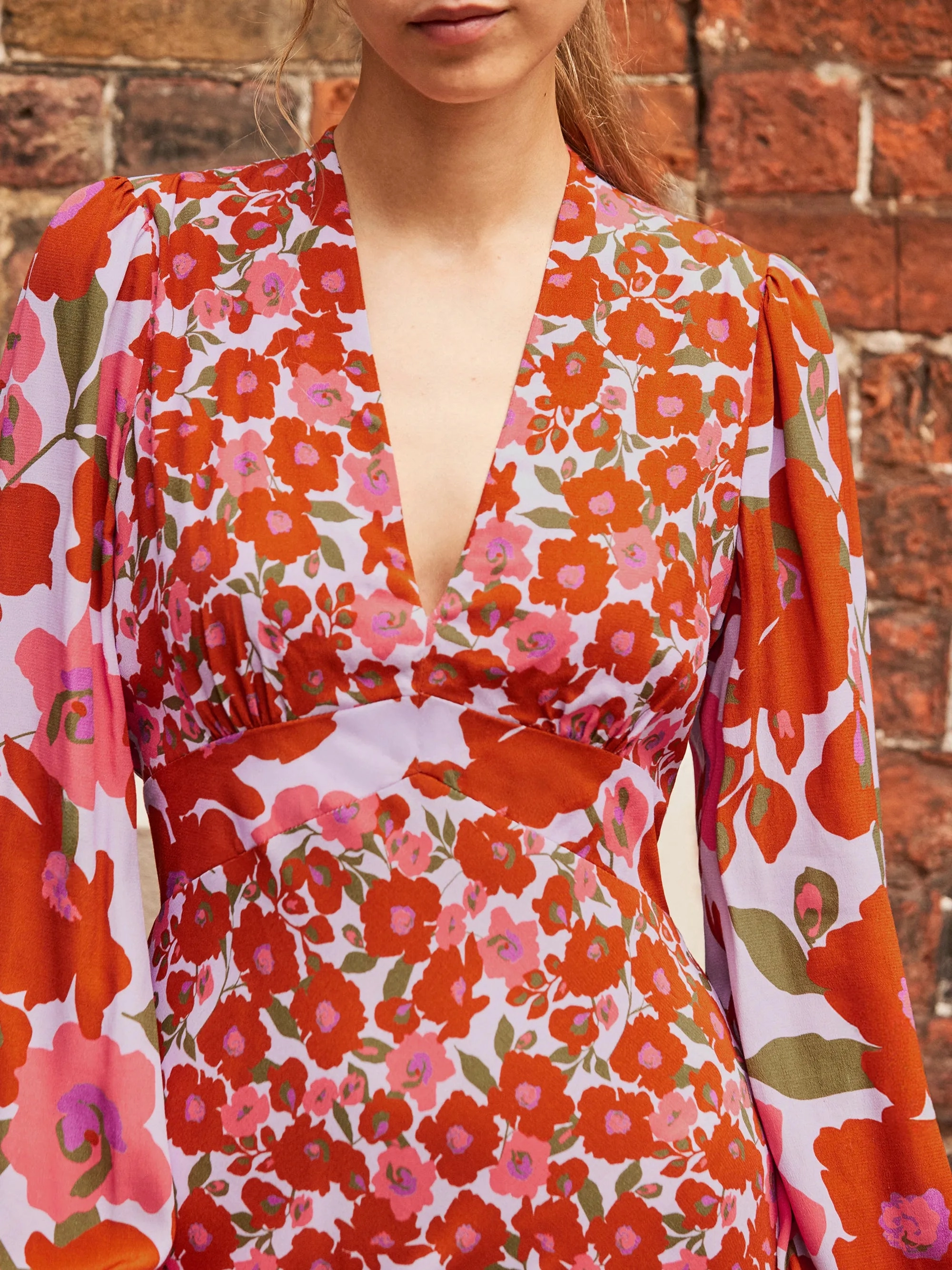 Vibrant color dress Cozy Drape Lilac and Coral Poppy-Print Midi Dress