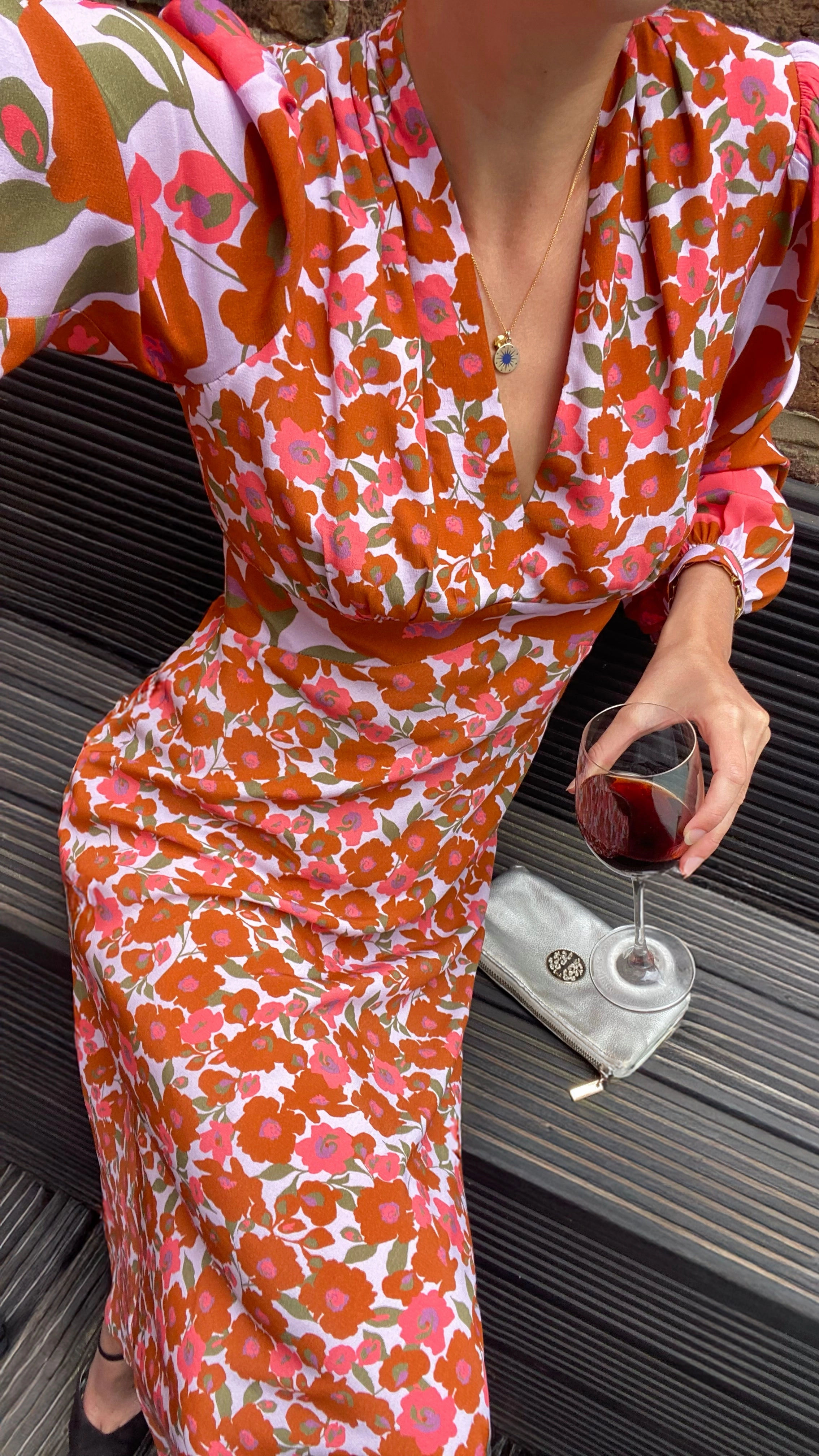 Lilac and Coral Poppy-Print Midi Dress Dreamy Texture Beaded-Edge