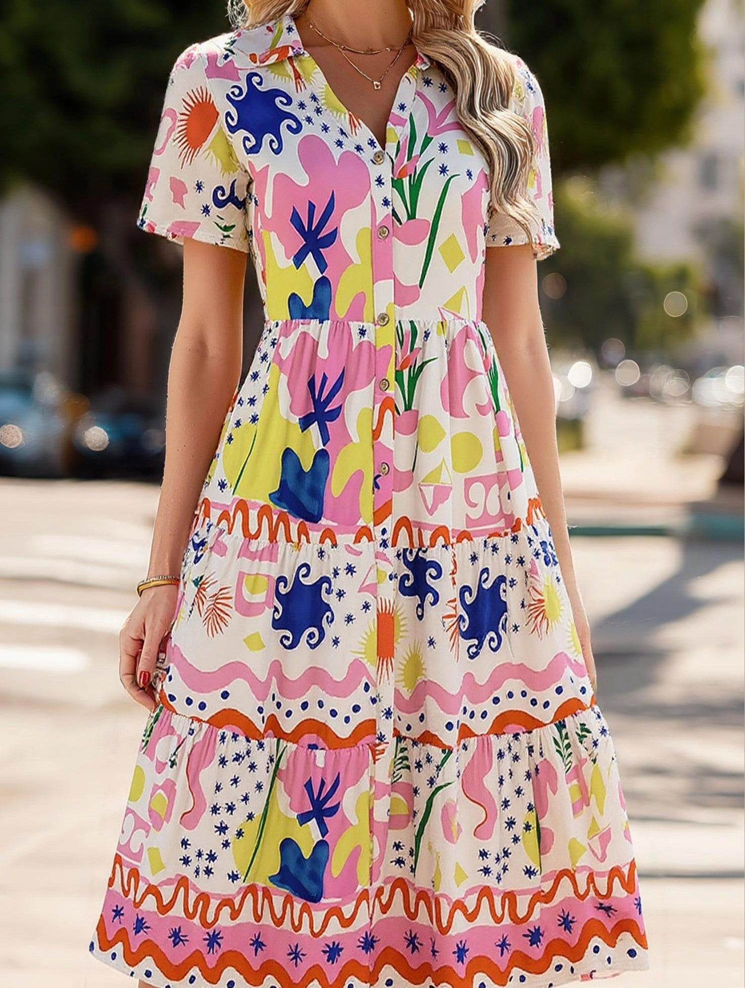 Bohemian High-Waisted Colorblock Midi Dress ??Casual Viscose Lyocell Blend Texture Softness