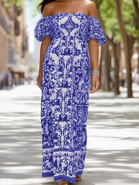 Classic and Chic Lounge Vibe Bohemian One-Shoulder Maxi Dress ??Printed Flowy Summer Dress