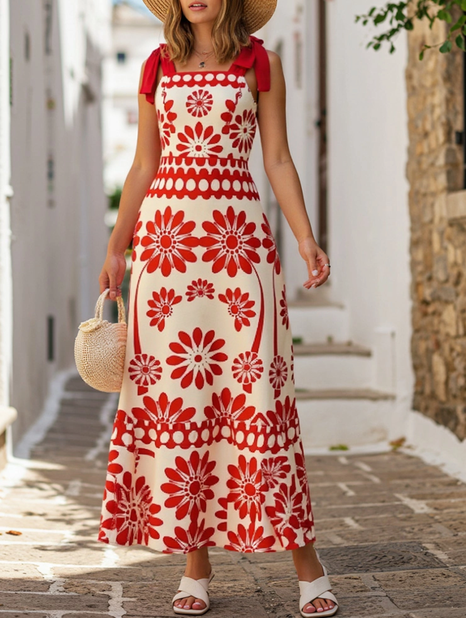 Boho Chic Locked-Down Floral Strap Dress ??Sleeveless A-Line Summer Maxi Dress Structured fabric
