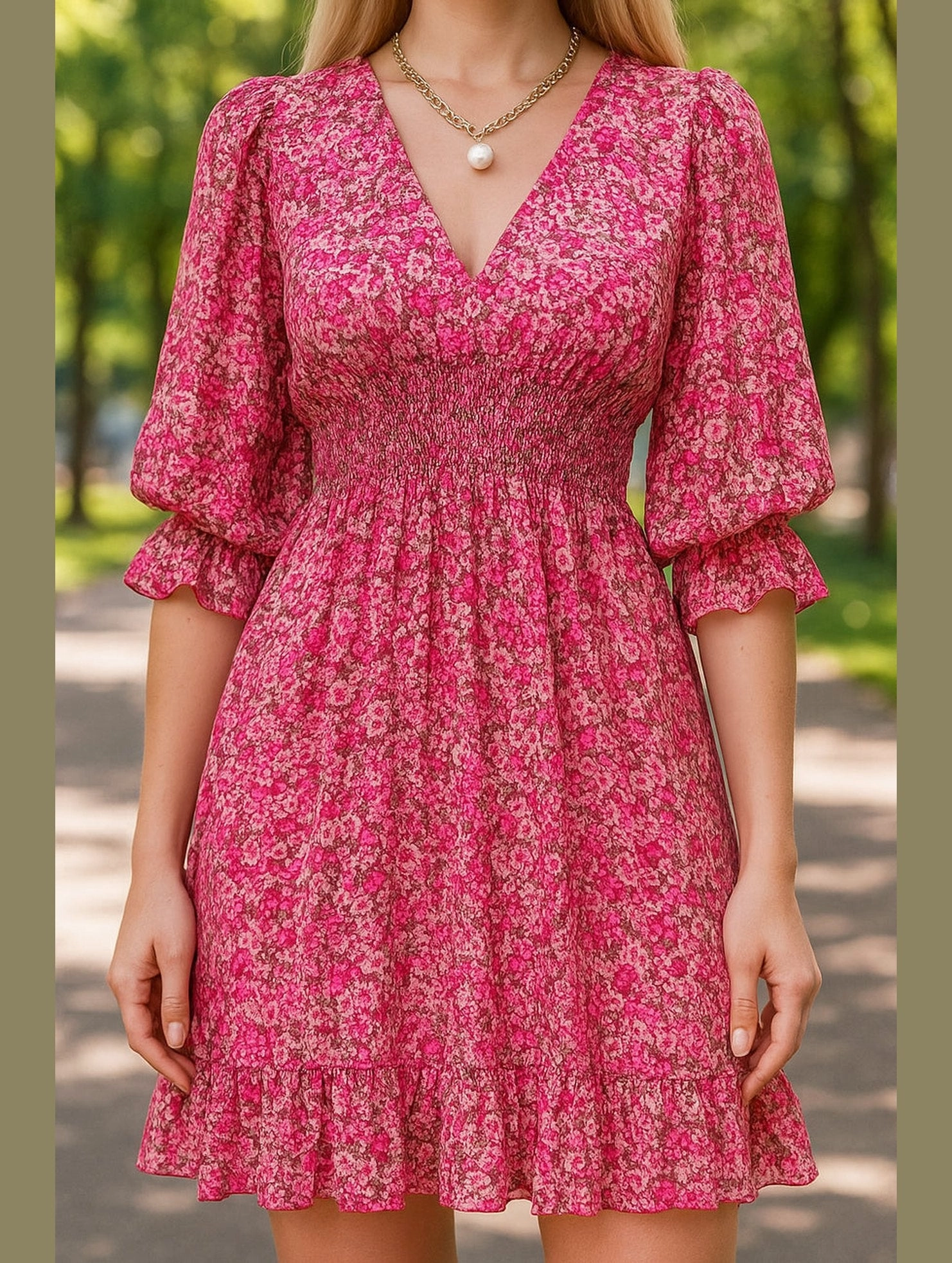 Boho Floral Print Midi Dress ??Short Sleeve Summer Tunic Layered-Sleeve