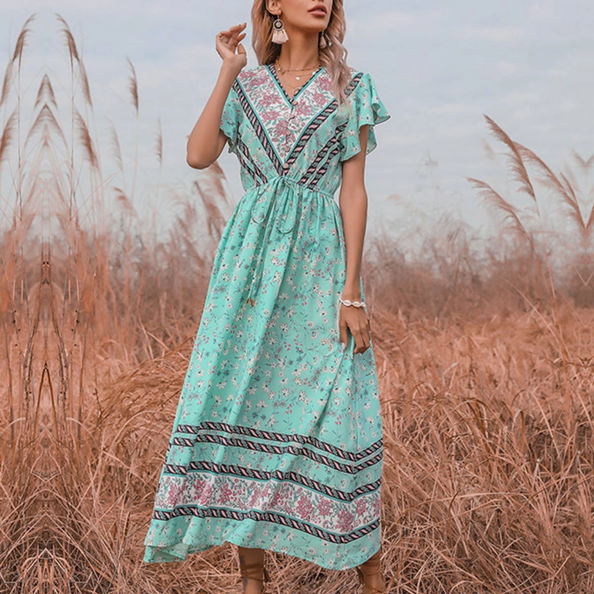 BOHO FROCK WITH RUFFLED SLEEVES_CWDMD1955 Basic Cool