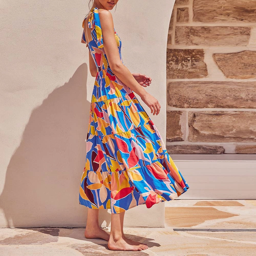 Flattering and Effortless Timeless Appeal BOHO PRINT TEA BREAK FRENCH WRAP DRESS_CWDMD2380