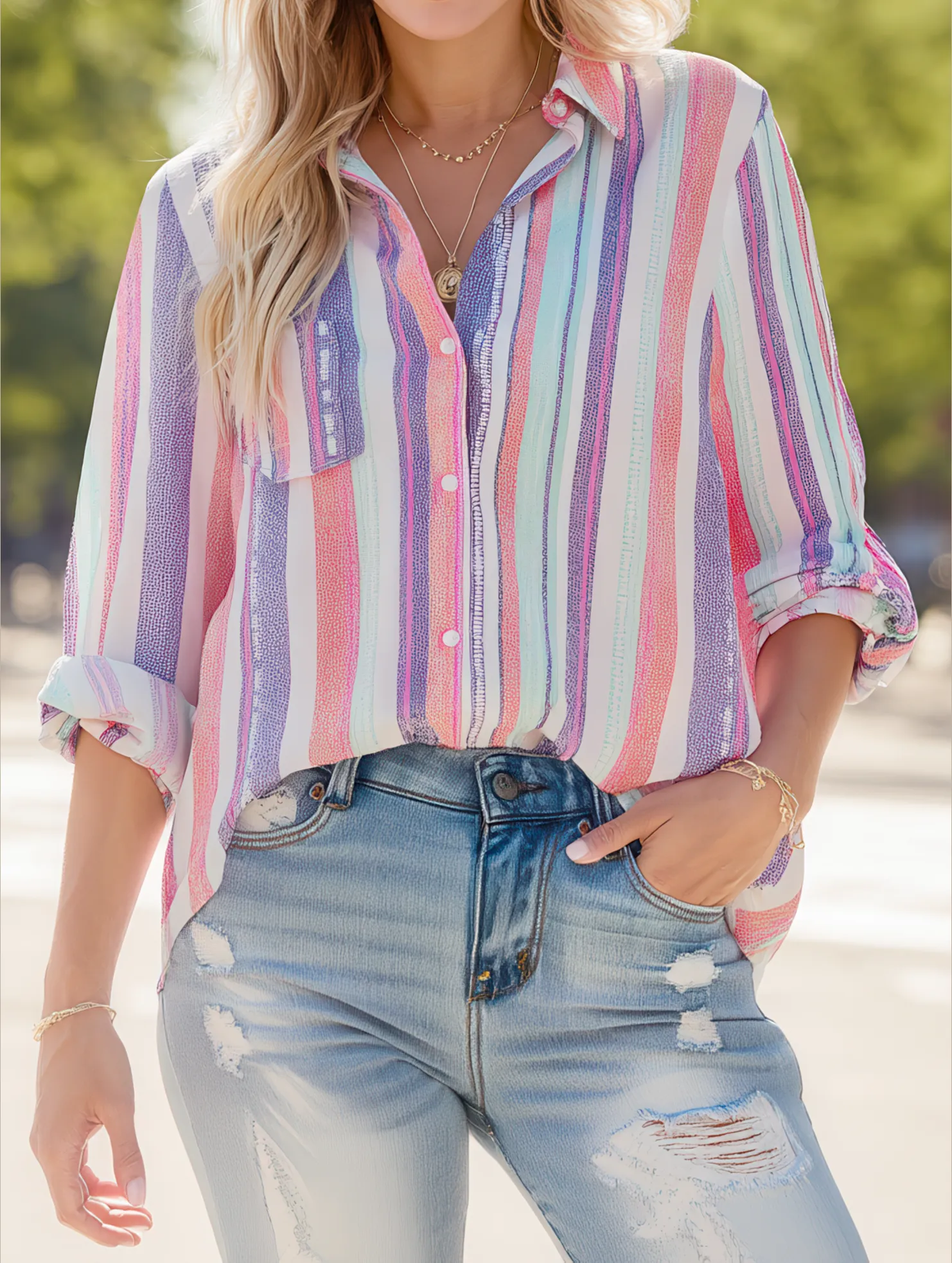 Bold Contrast Stripe Long Sleeve Shirt ??Trendy Women's Button-Up Blouse OdorResistantFinish Pocket Reinforcement