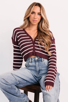 Relax & Flow Striped V Neck Cardigan Top (Dark Cherry/White) Quilted Pattern