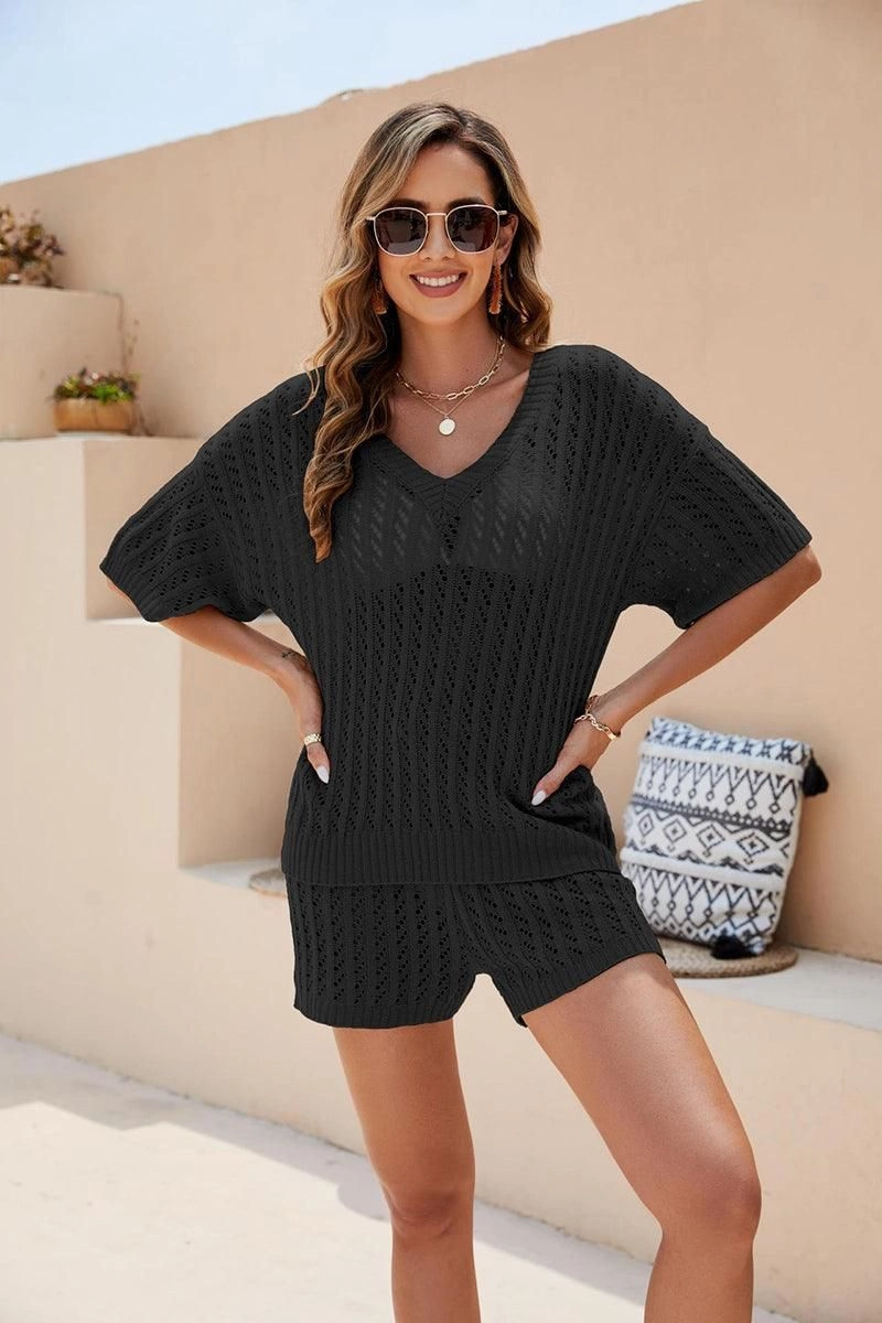 Anti Snag Threading HOLLOW CHUNKY KNIT LOOSE FIT TOP AND SHORTS SET