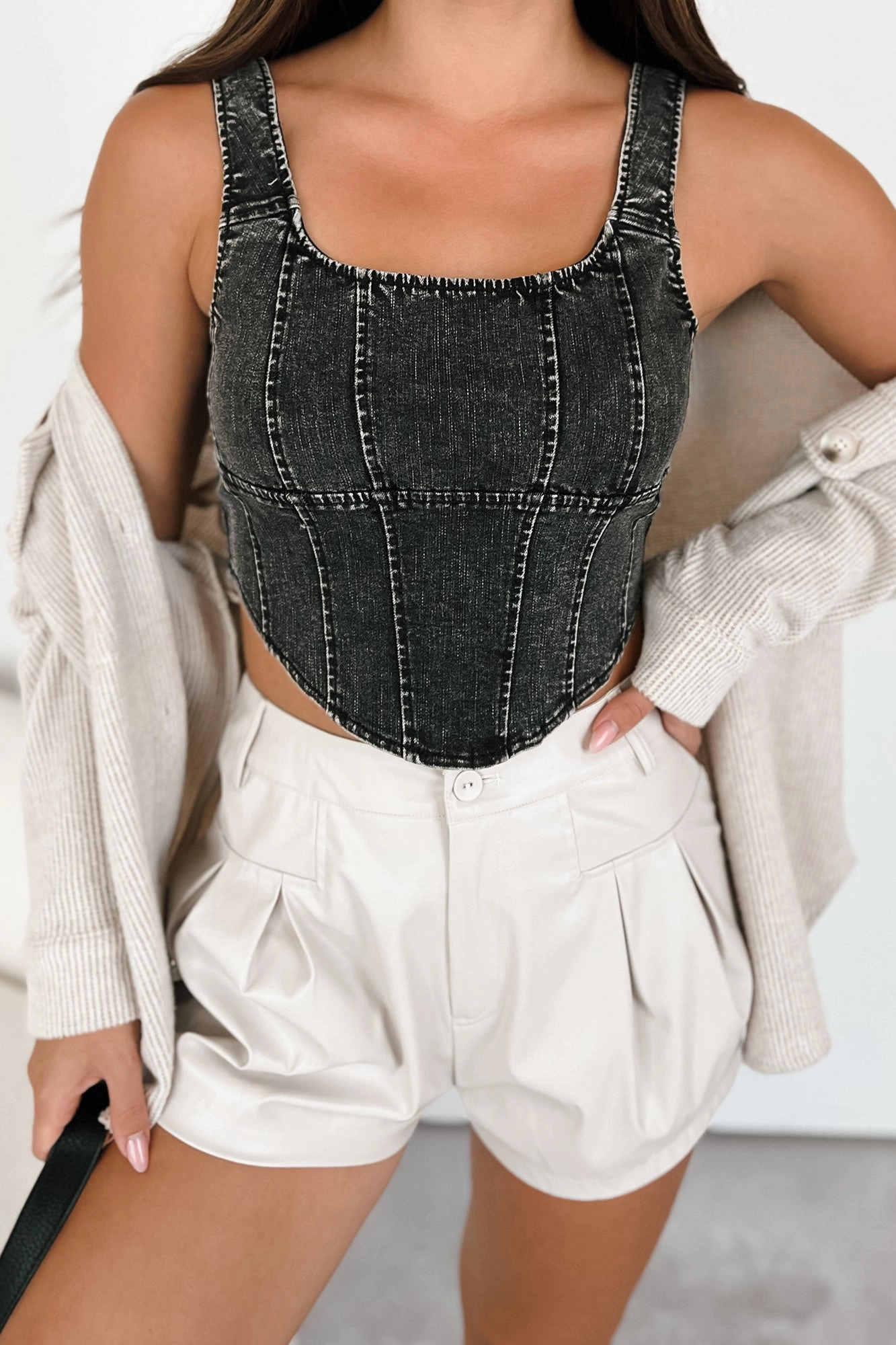 Effortless casual Slim Modern That's Just Karma Denim Corset Top (Black)