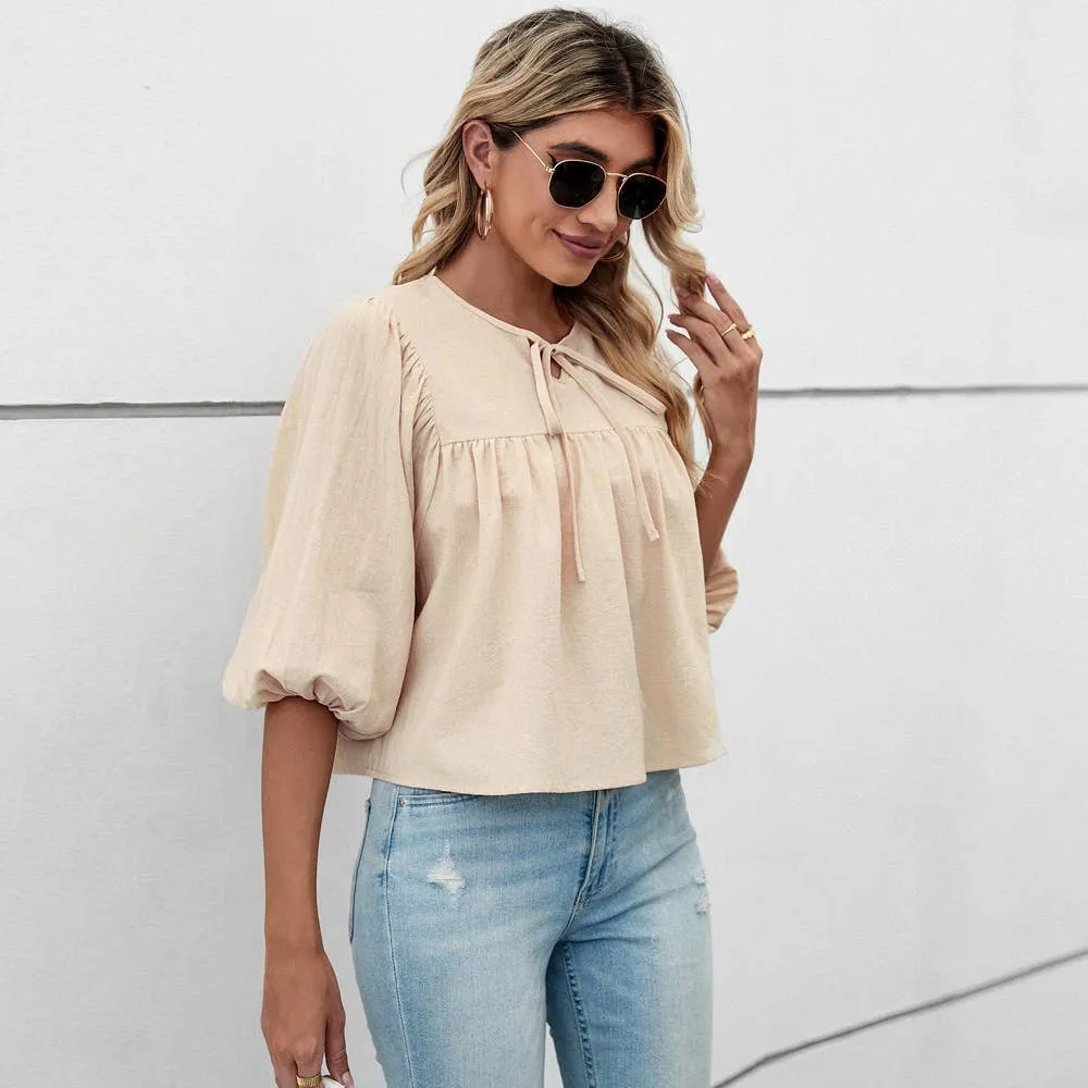 BOW TOP WITH FIVE-QUARTER SLEEVES_CWTBLS0768 proper length casual top