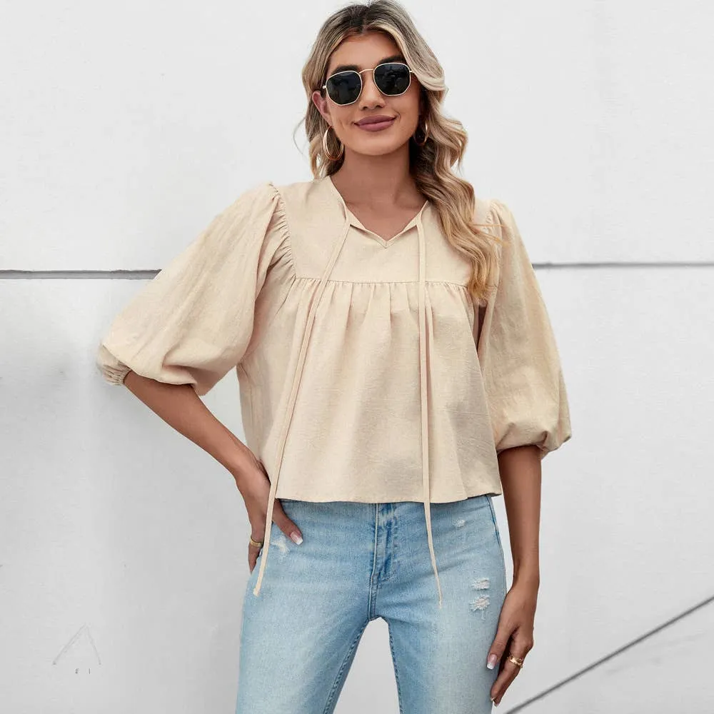 BOW TOP WITH FIVE-QUARTER SLEEVES_CWTBLS0768 Eco Friendly Material