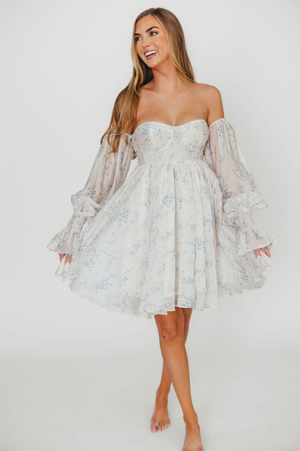 Kennedy Floral Mini Dress in Blue- Bump Friendly *Final-Sale* Clean Drape