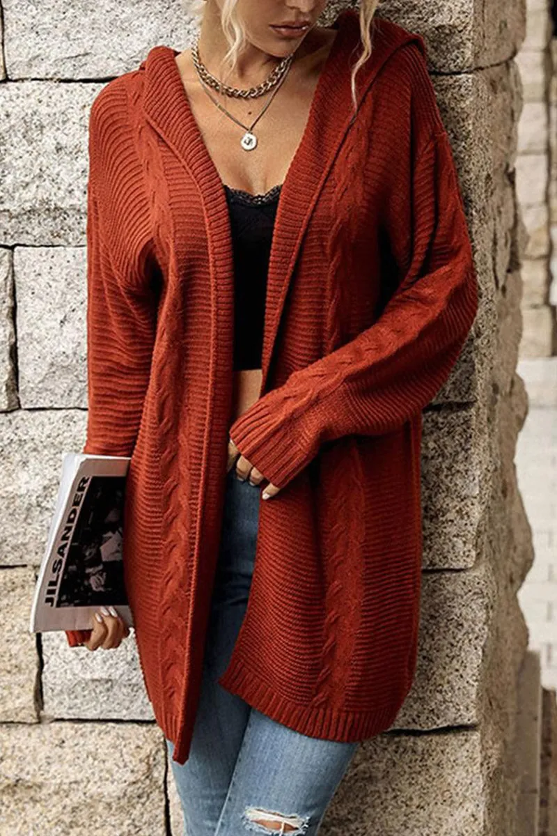 Versatile Styling CABLE KNIT CASUAL HOODIE CARDIGAN