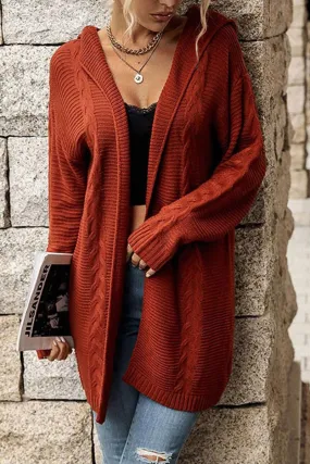 CABLE KNIT CASUAL HOODIE CARDIGAN Ribbed Hem Finish Simple Dress
