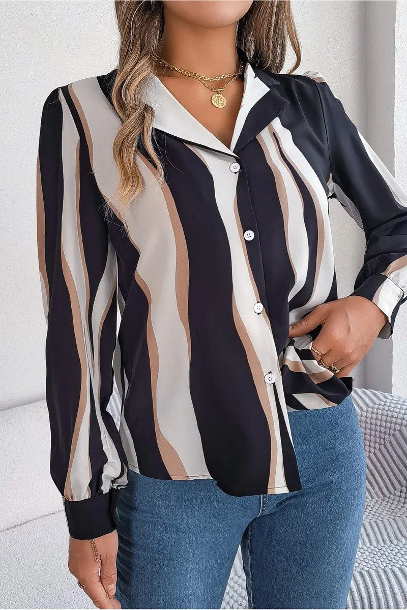 WOMEN STRIPE PATTERNED BUTTON DOWN OFFICE BLOUSE Ultraviolet Protection Finish