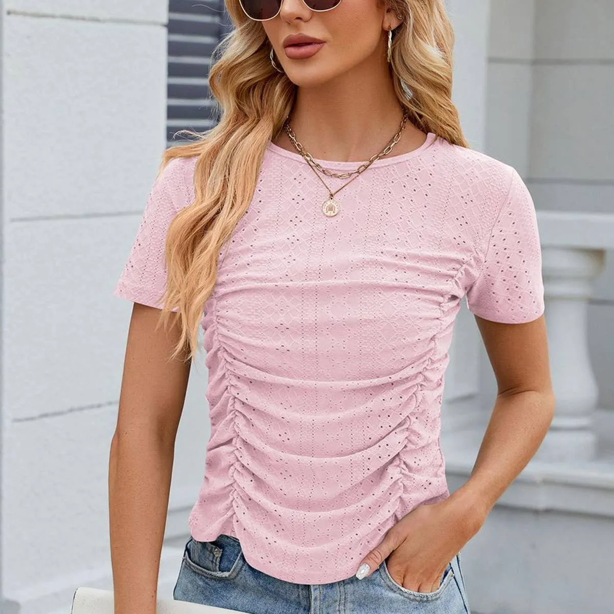 BREATHABLE SOLID COLOR PLEATED SLIM FIT T-SHIRT_CWTSTS0386 Comfortable texture Fit for Everyone