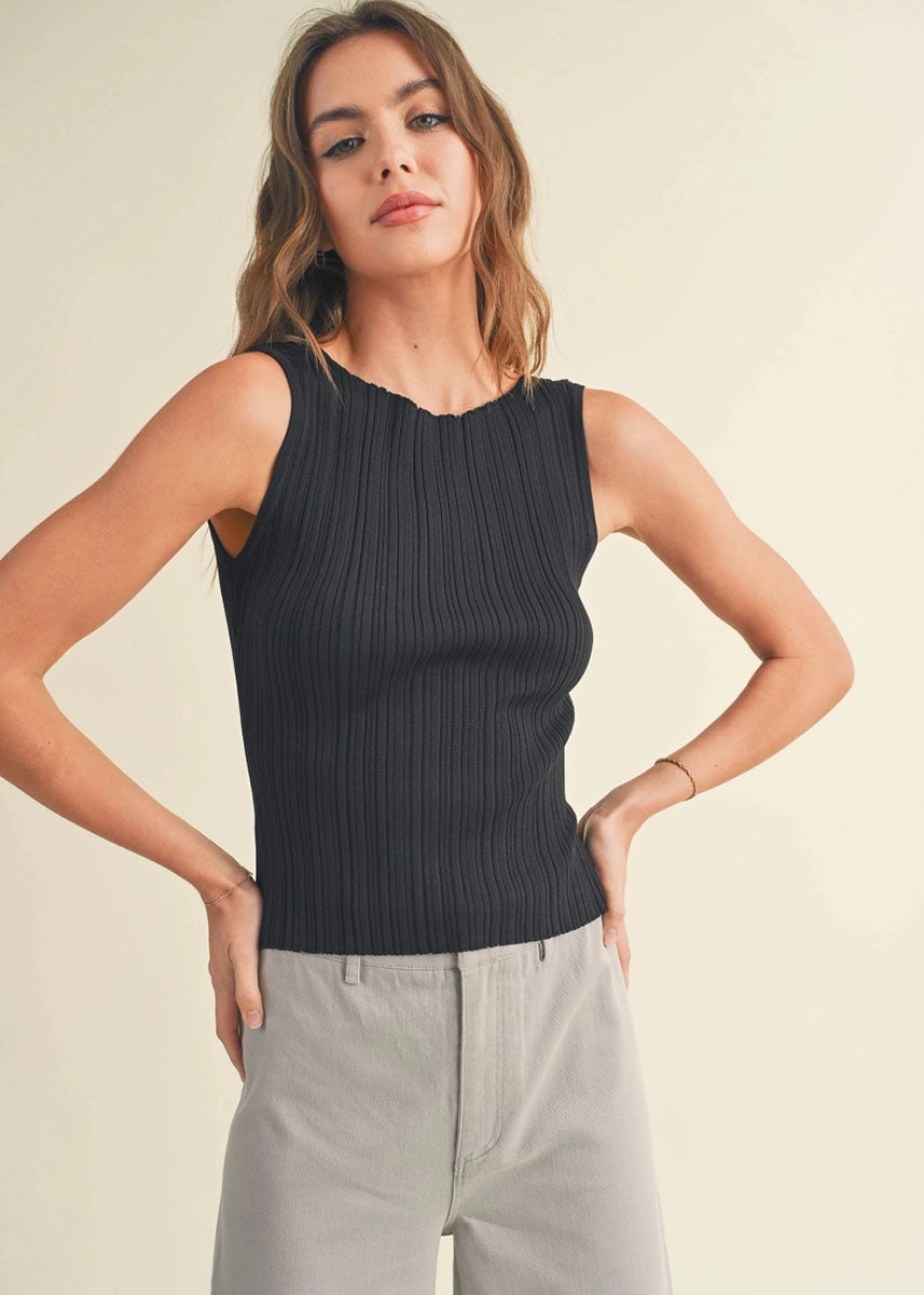 Sabine Ribbed Tank - Black Recycled Material Blend LightweightTexture