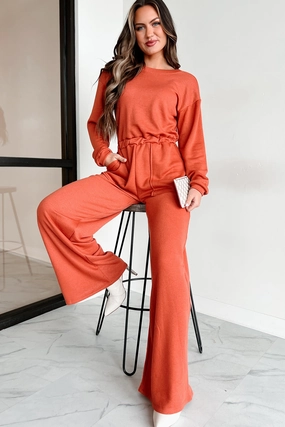 Plausible Deniability Long Sleeve Wide Leg Jumpsuit (Rust) Sharp Bold
