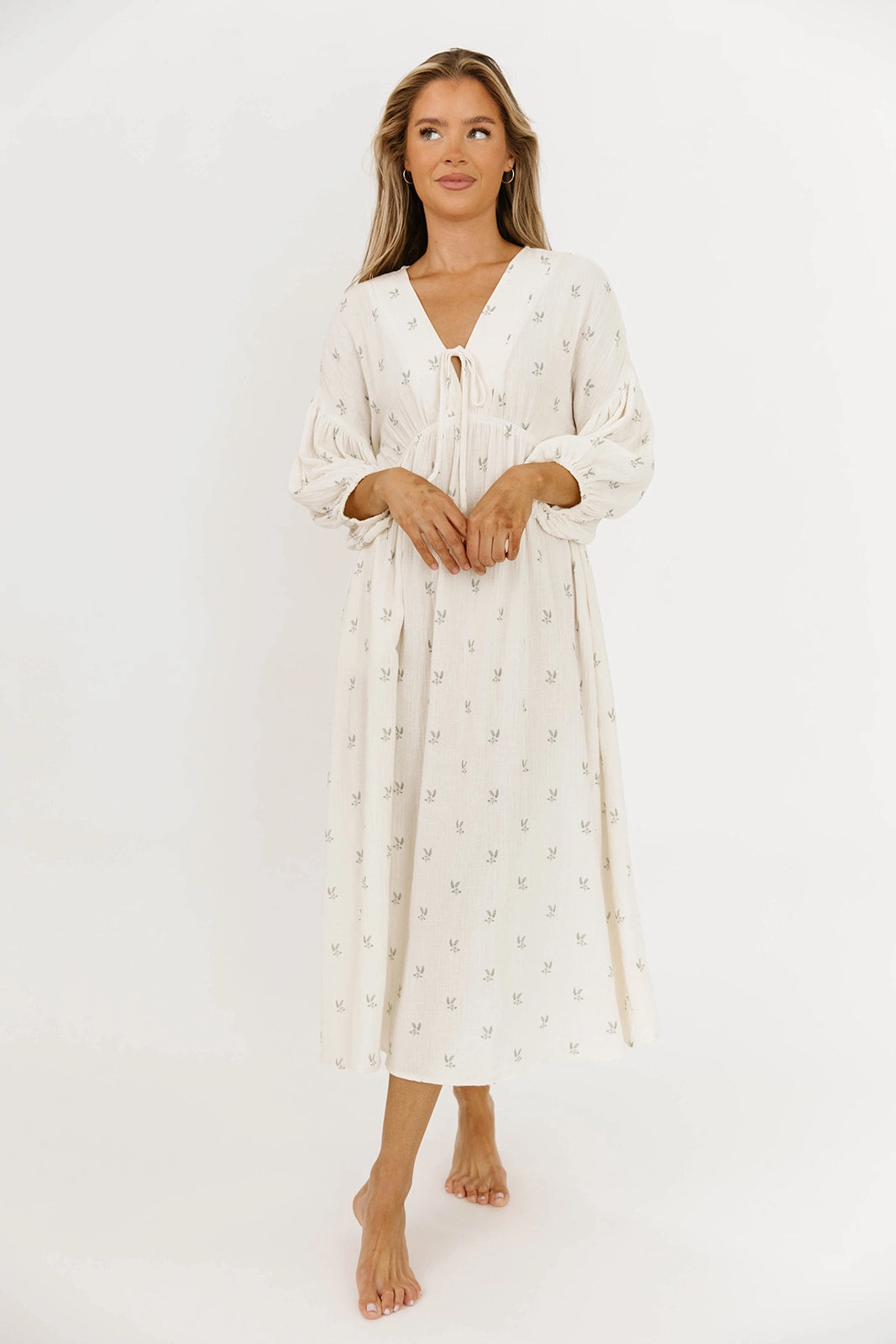 Hunter Midi Dress in Soy/Sage Foliage Classic A-line design Ruched-Detail