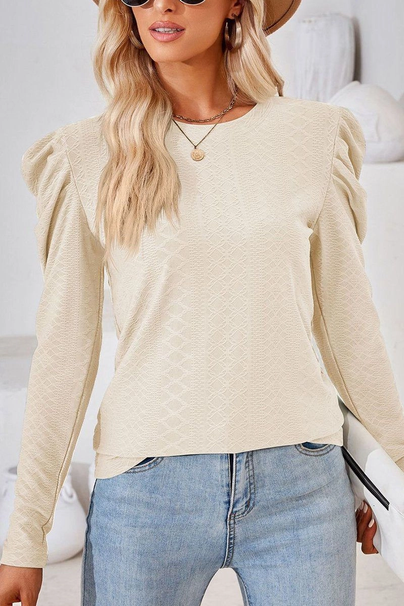 ButterySoftTextile CREW NECK PUFF SLEEVE BLOUSE TEE FOR WOMEN