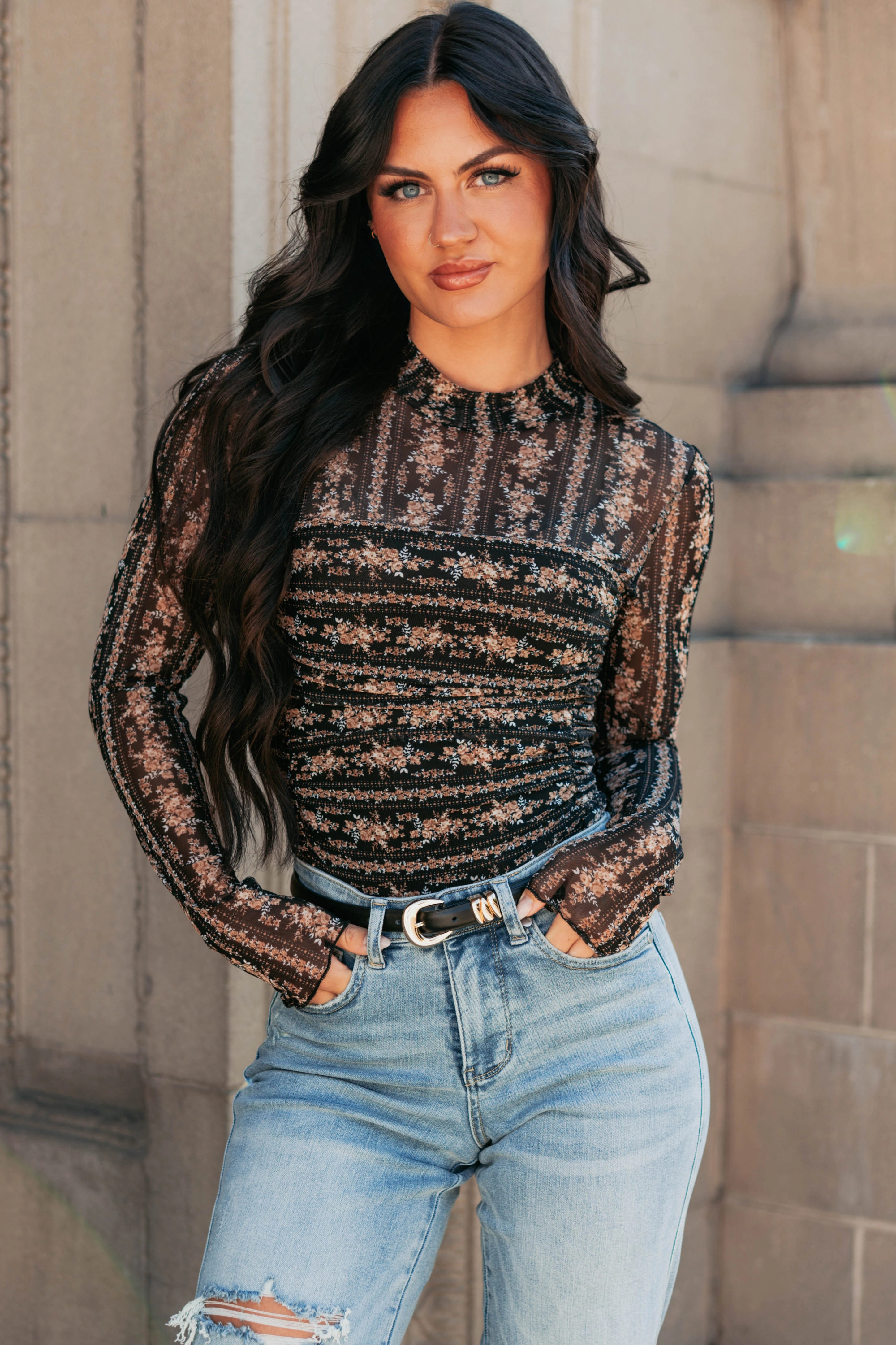 Whispered Promise Floral Ruched Bodysuit (Black) Eco Friendly Tall Fit Double Layer