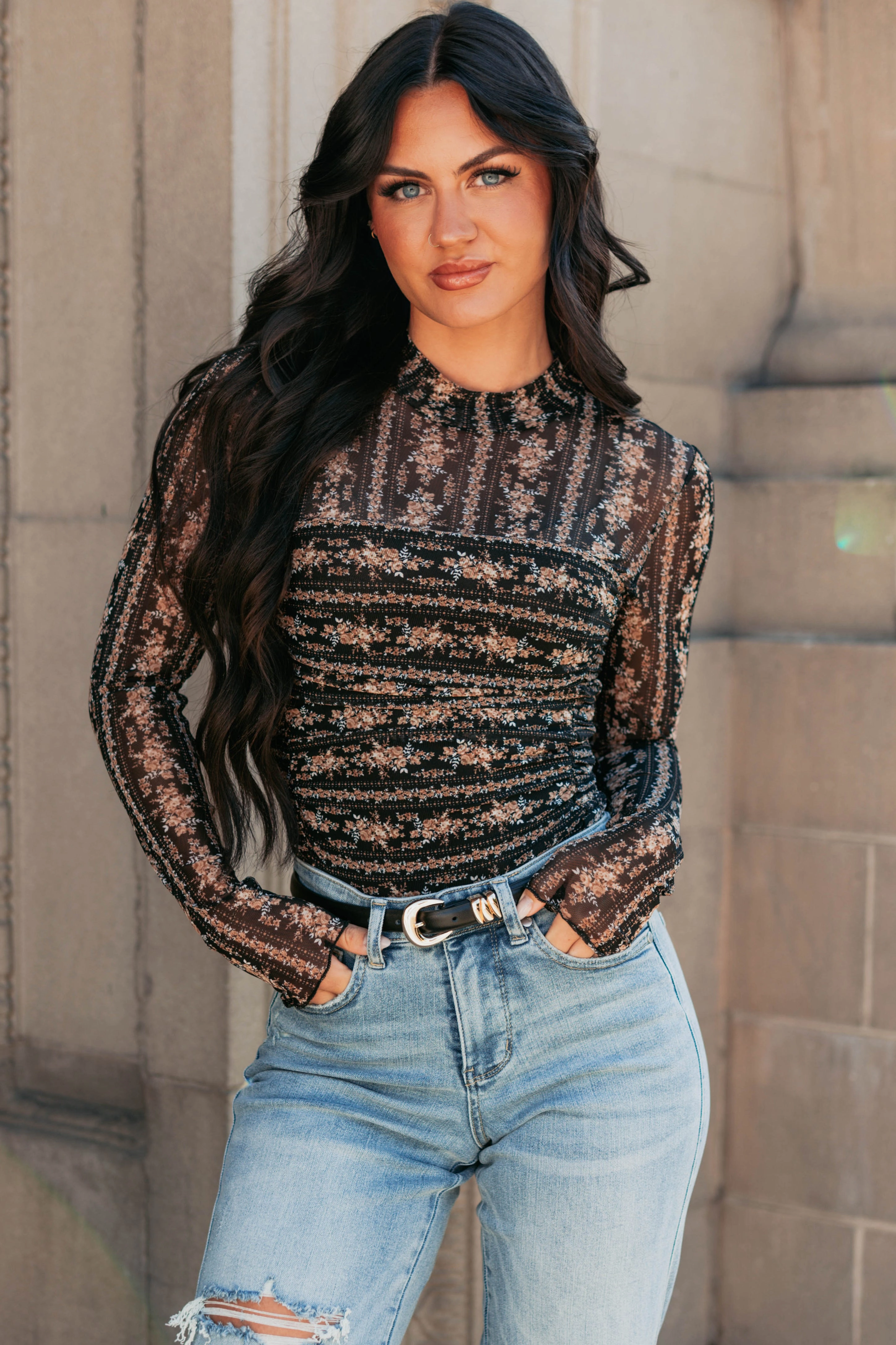 Whispered Promise Floral Ruched Bodysuit (Black) Travel Outfit Tall Fit Casual Fit Wear