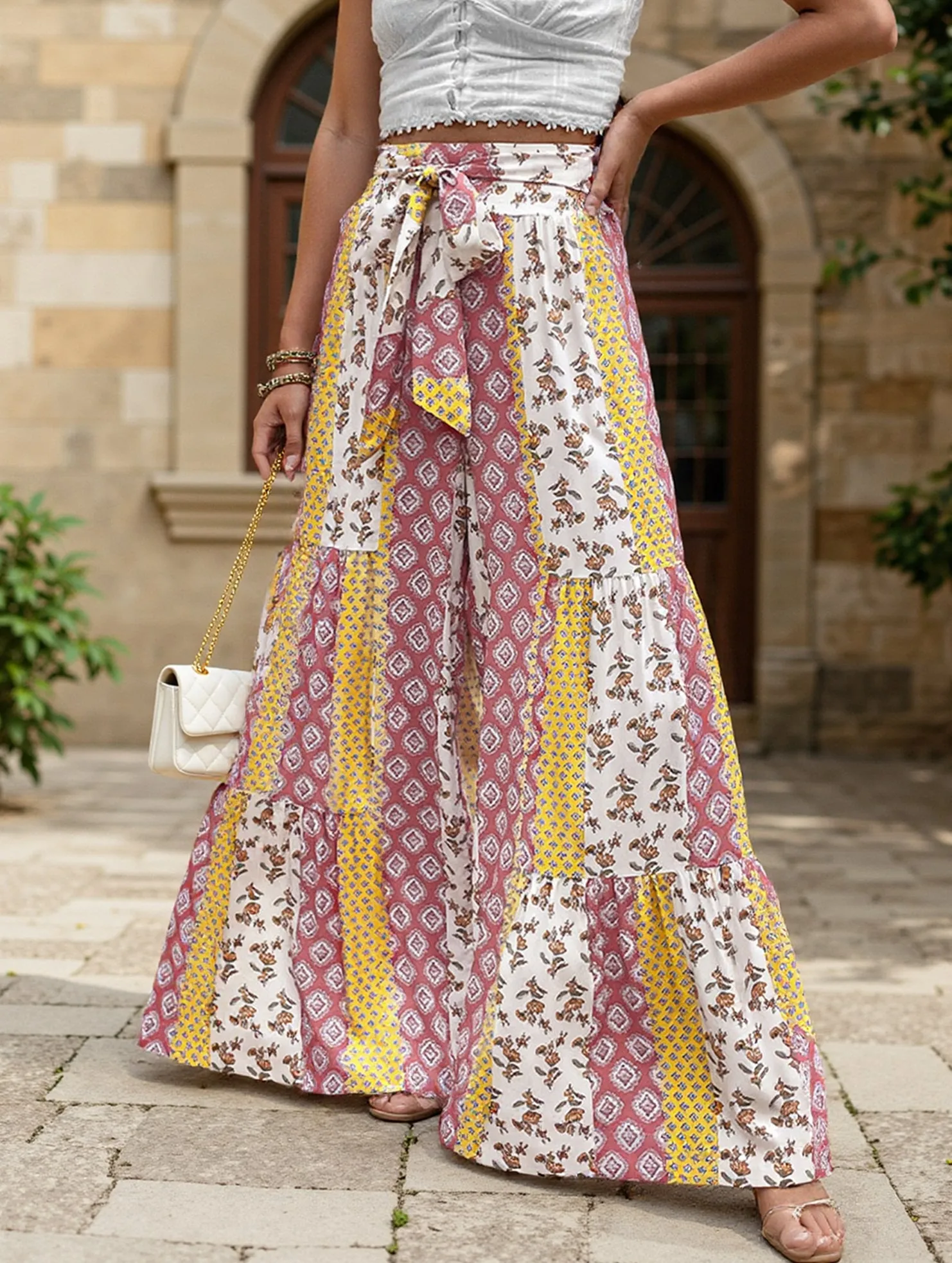 Lace-up geometric floral-print wide-leg pants Smart Motion Breathable Material