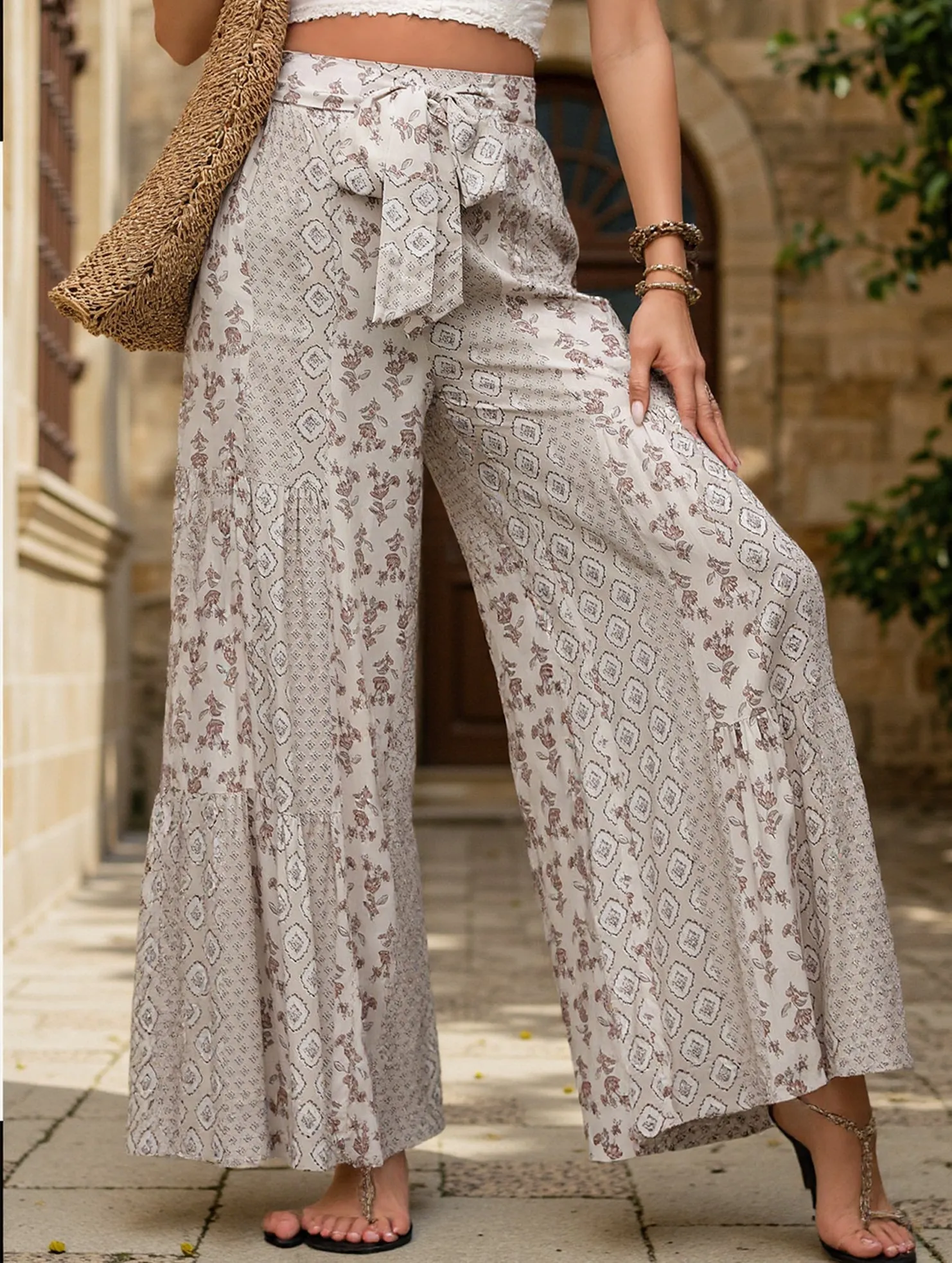 Lace-up geometric floral-print wide-leg pants Air Flow Lightweight Wear
