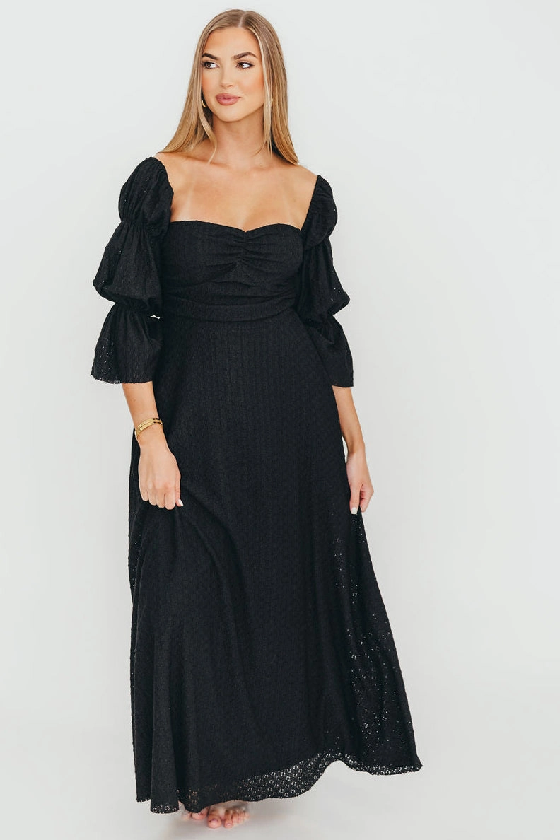 Corrine Tiered Sleeve Maxi Dress with Pockets in Black - Bump Friendly Smooth Tone