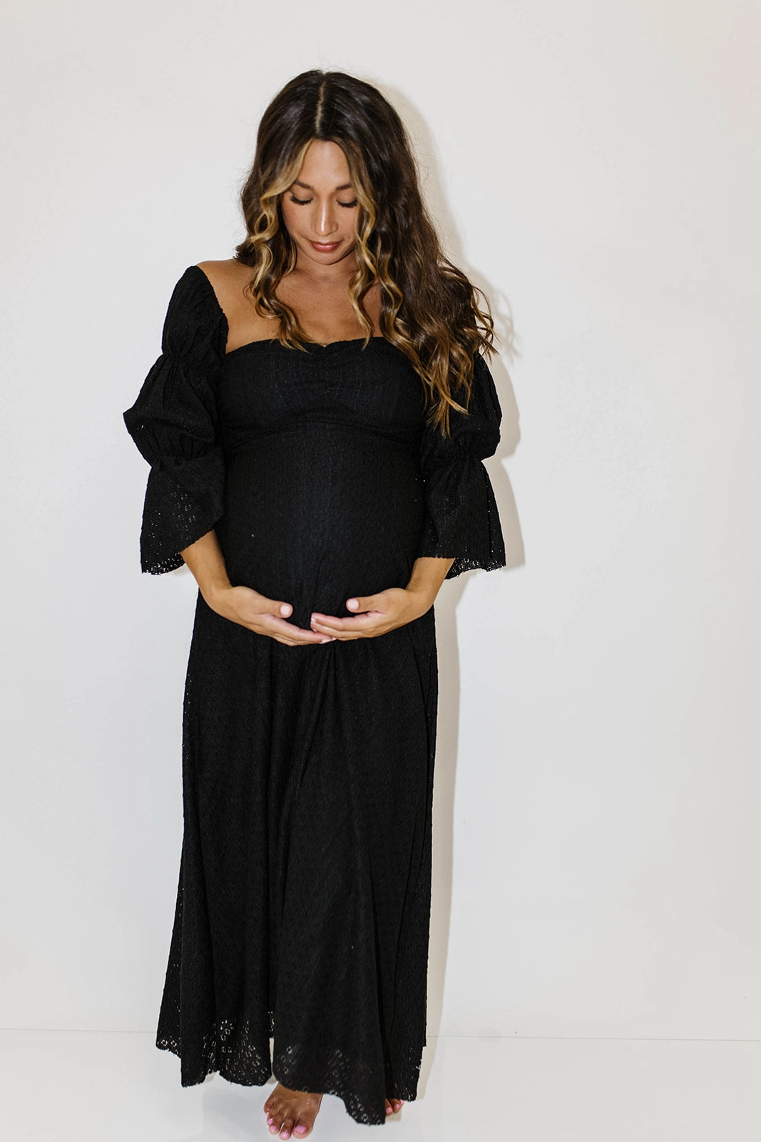 Corrine Tiered Sleeve Maxi Dress with Pockets in Black - Bump Friendly effortless grace Lightweight warm-weather dress