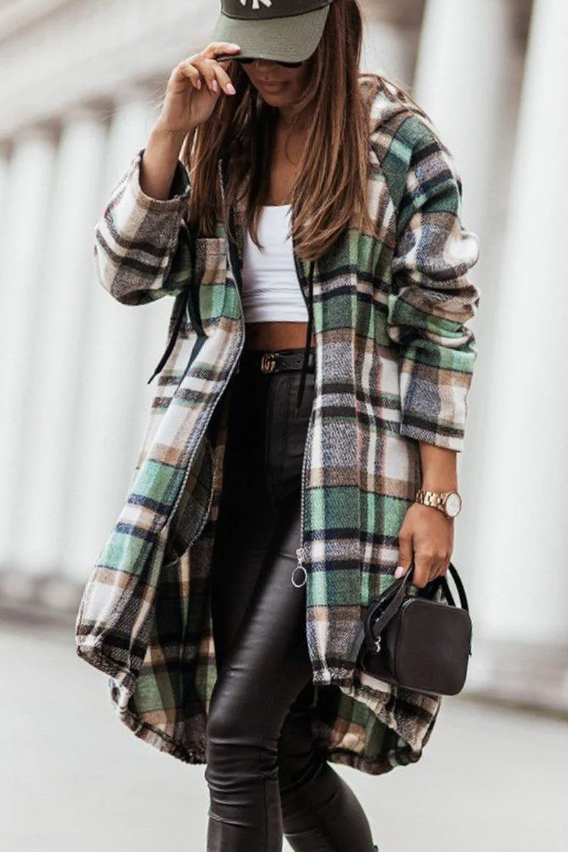 vacation ELASTIC HEM ZIP UP PLAID PATTERN LONG JACKET
