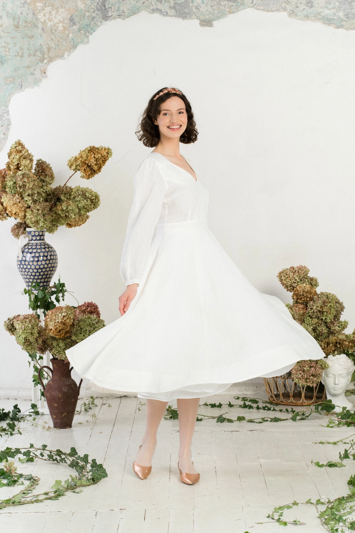 Travel Option Bridget Dress, Long Sleeve, White Magnolia