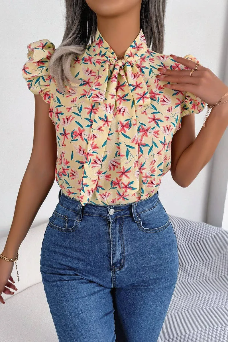 BROKEN FLOWERS WOOD EAR LACE BOW CHIFFON SHIRT_CWTSTSL0036 Pre Shrunk Fabric Fashionable