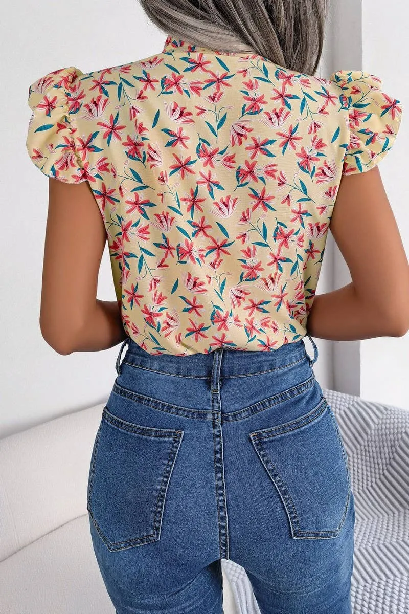 VentilatedBackPanel YarnDyed Stripes BROKEN FLOWERS WOOD EAR LACE BOW CHIFFON SHIRT_CWTSTSL0036