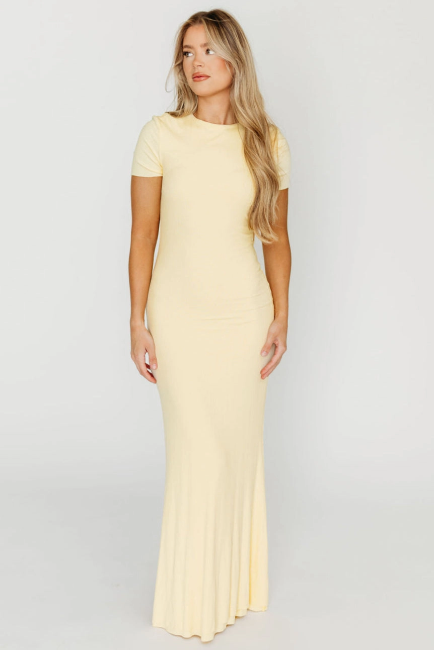 The Charlie Ribbed Maxi Dress in Butter Yellow - Bump Friendly Lightweight