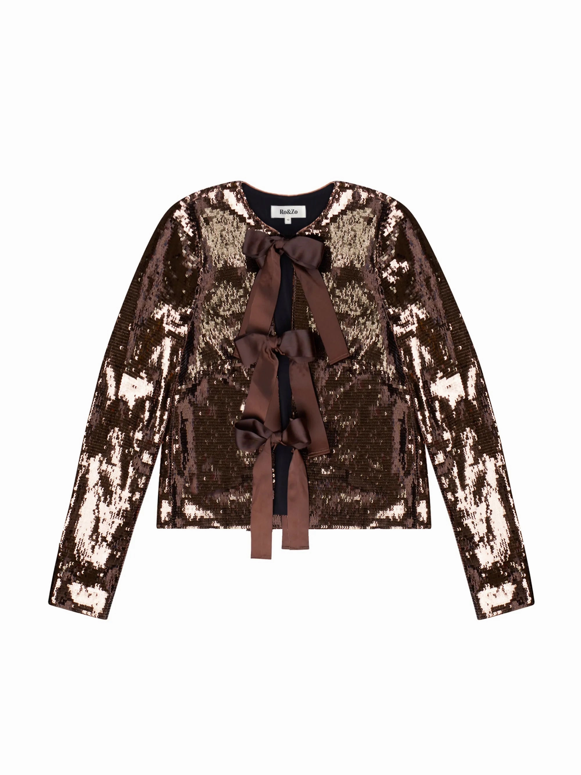 Quick Access Pockets Brown Bow Front Sequin Jacket