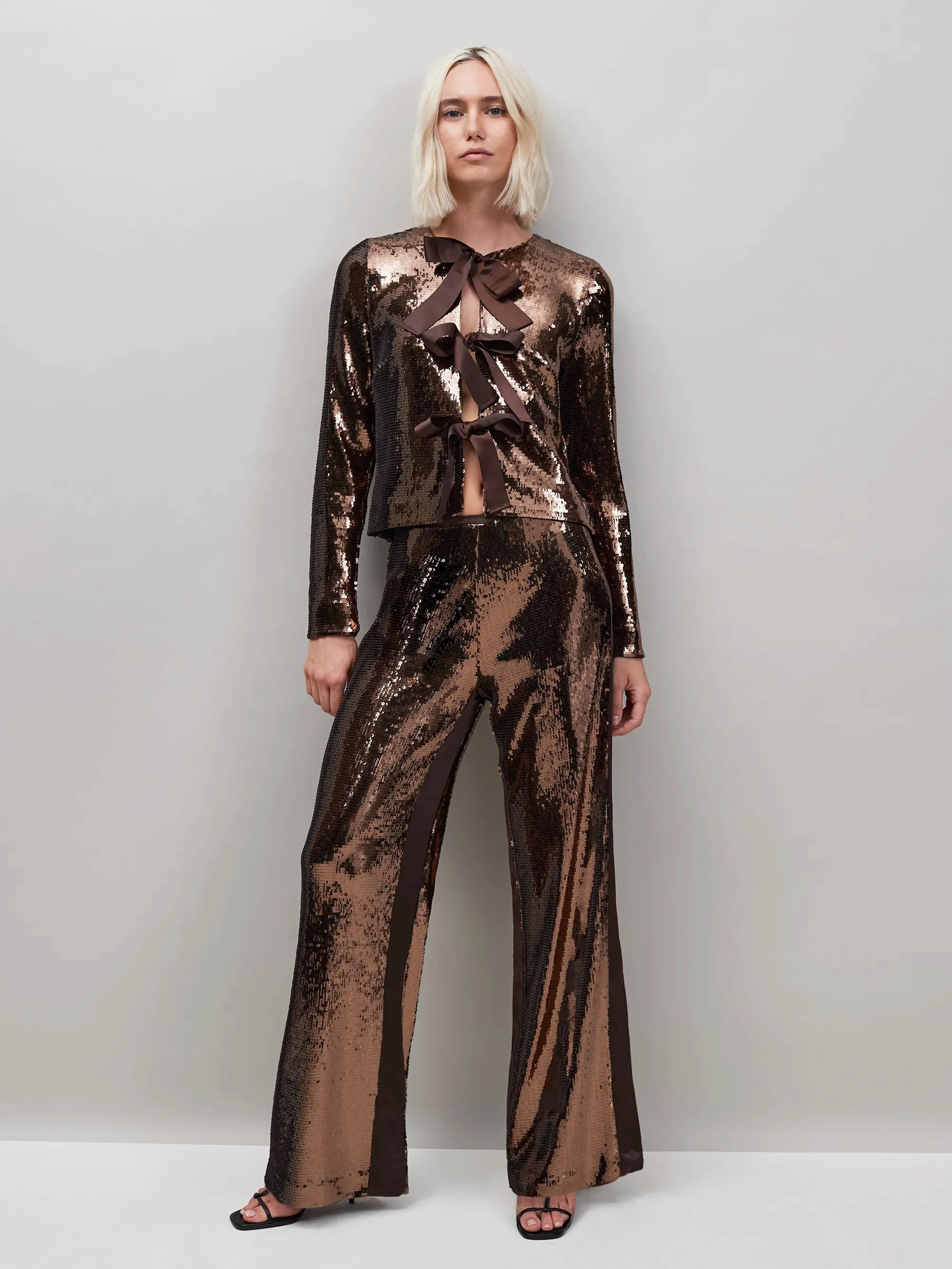 Brown Bow Front Sequin Jacket Soft Touch Feel Odor Resistant Coating