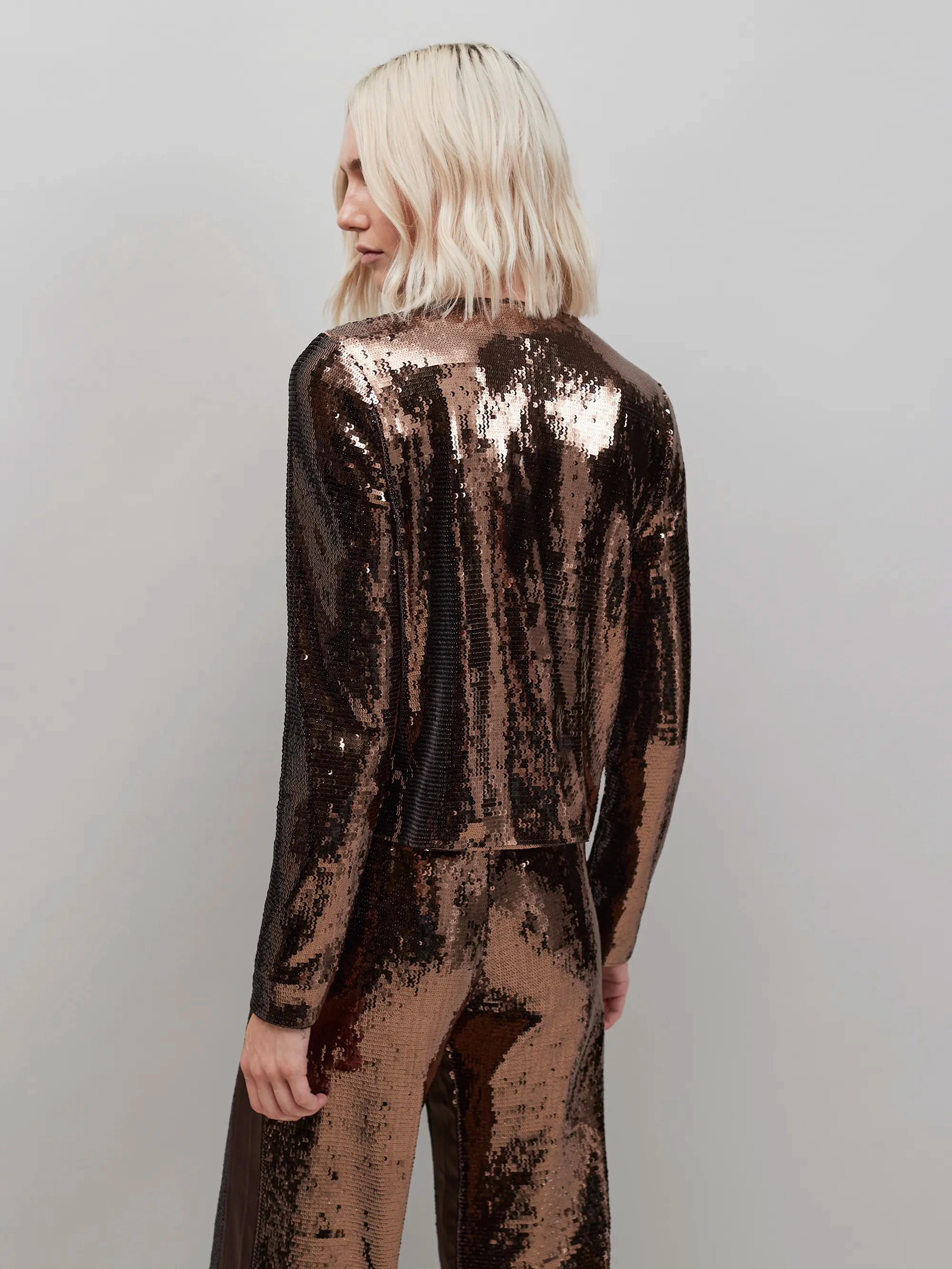 Layered Collar Design Brown Bow Front Sequin Jacket