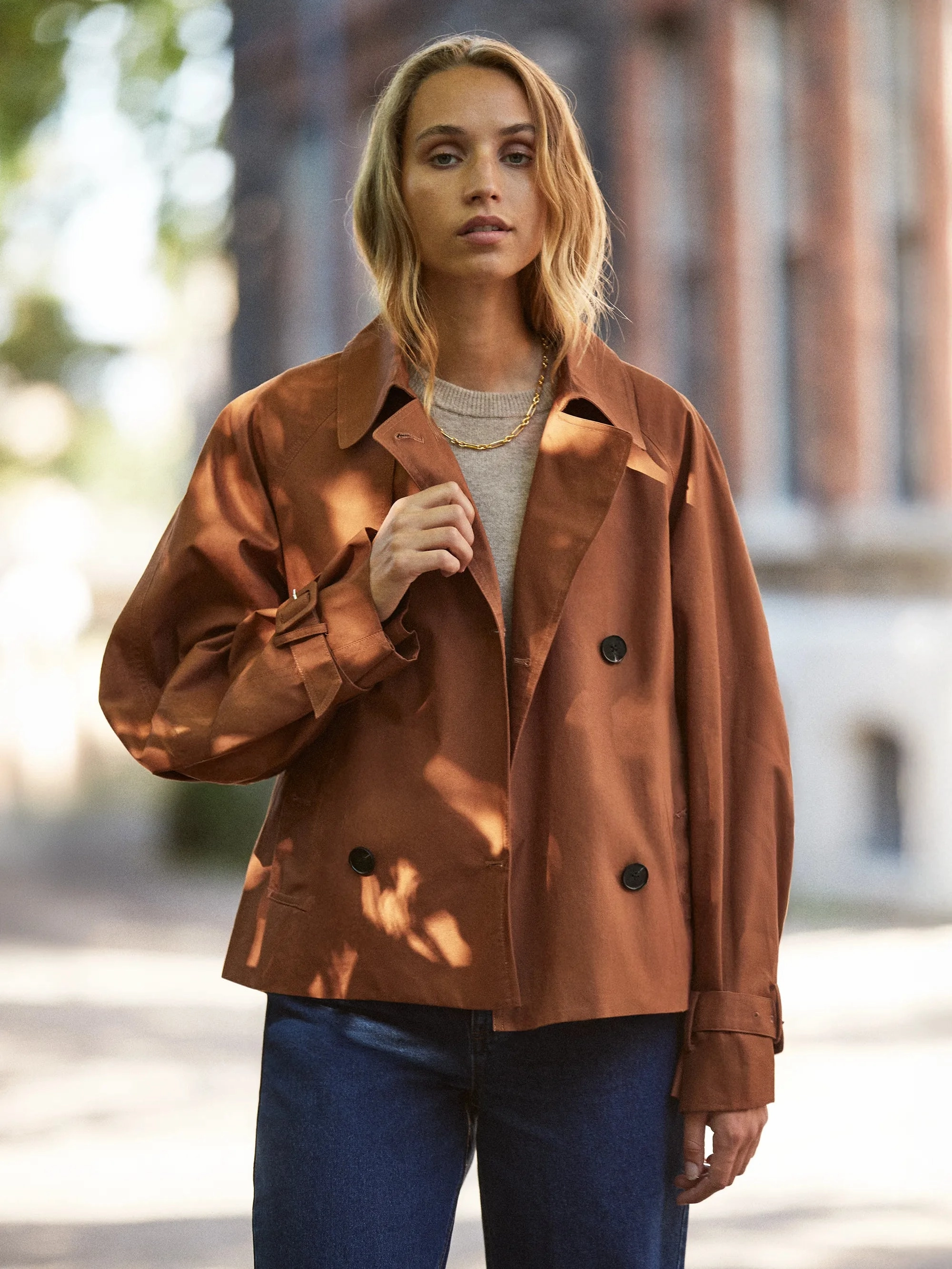 Compact packaging Microfiber Blend Brown Cropped Cotton Trench Jacket