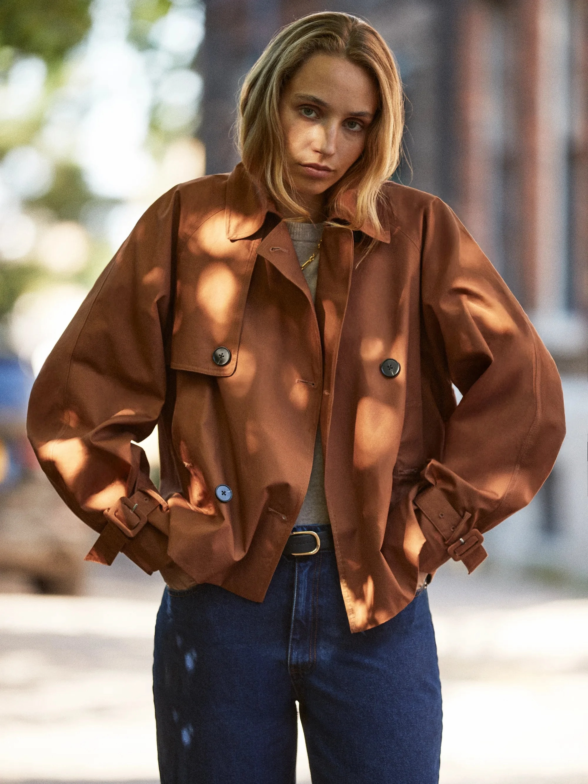 Brown Cropped Cotton Trench Jacket Evening Chill Piece Crisp Walk Look
