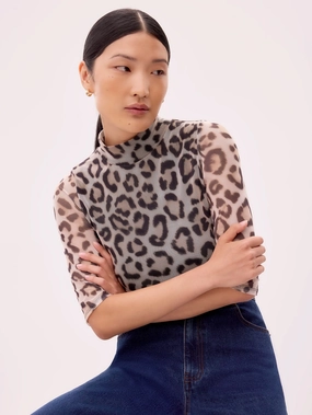 Brown Leopard Print Mesh Top HighCollar Design