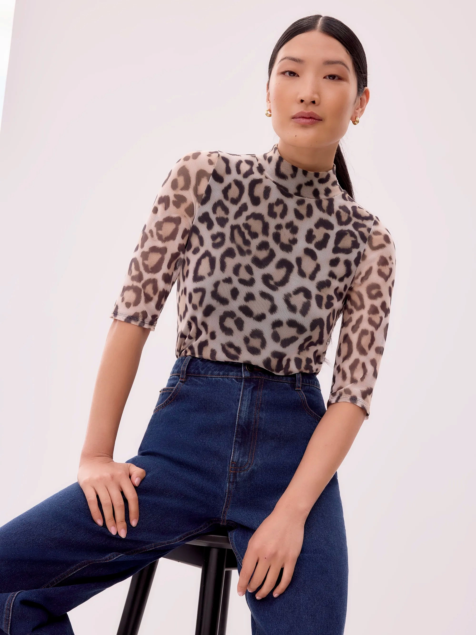 FrenchTerryTexture Brown Leopard Print Mesh Top